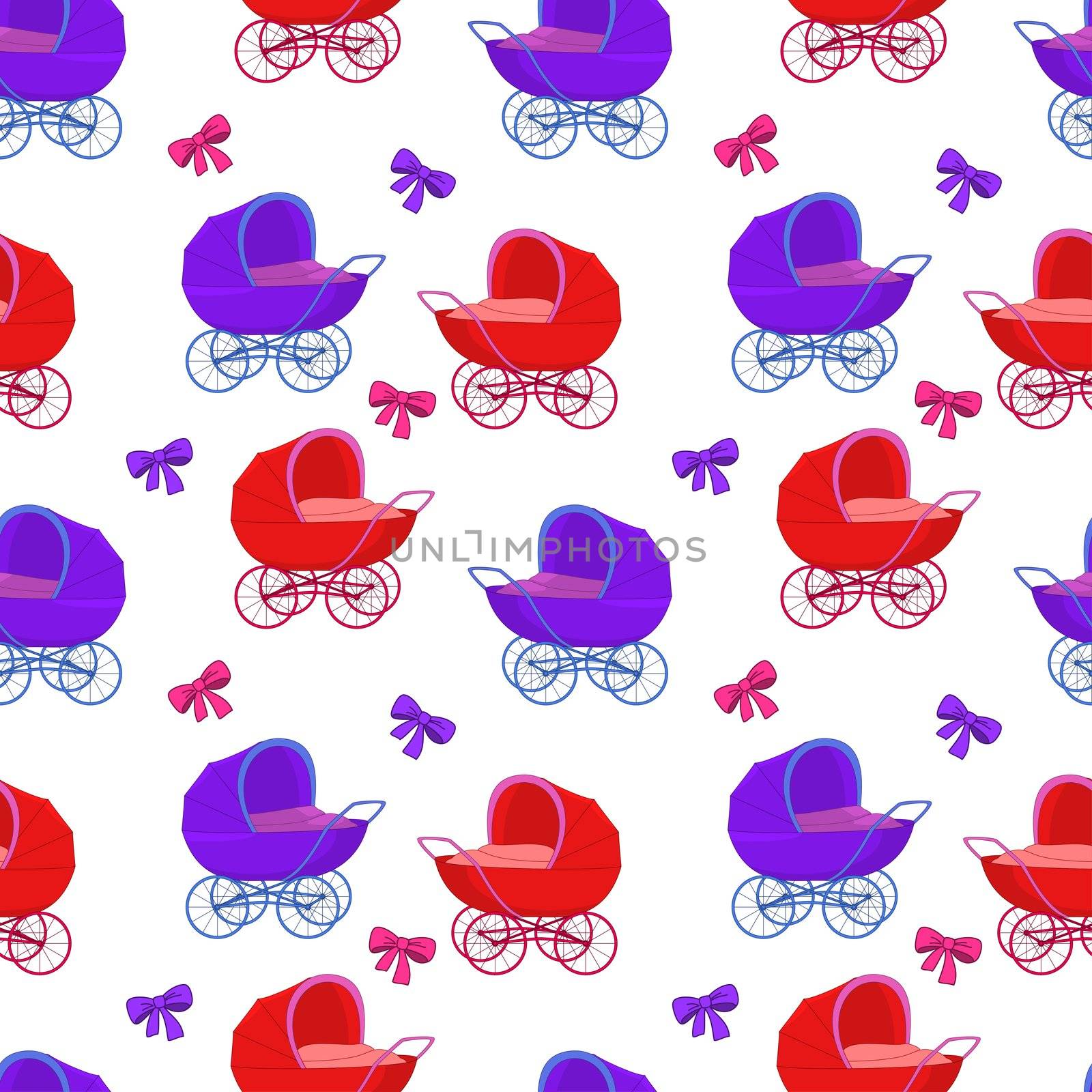 seamless background, baby red and violet carriages and bows