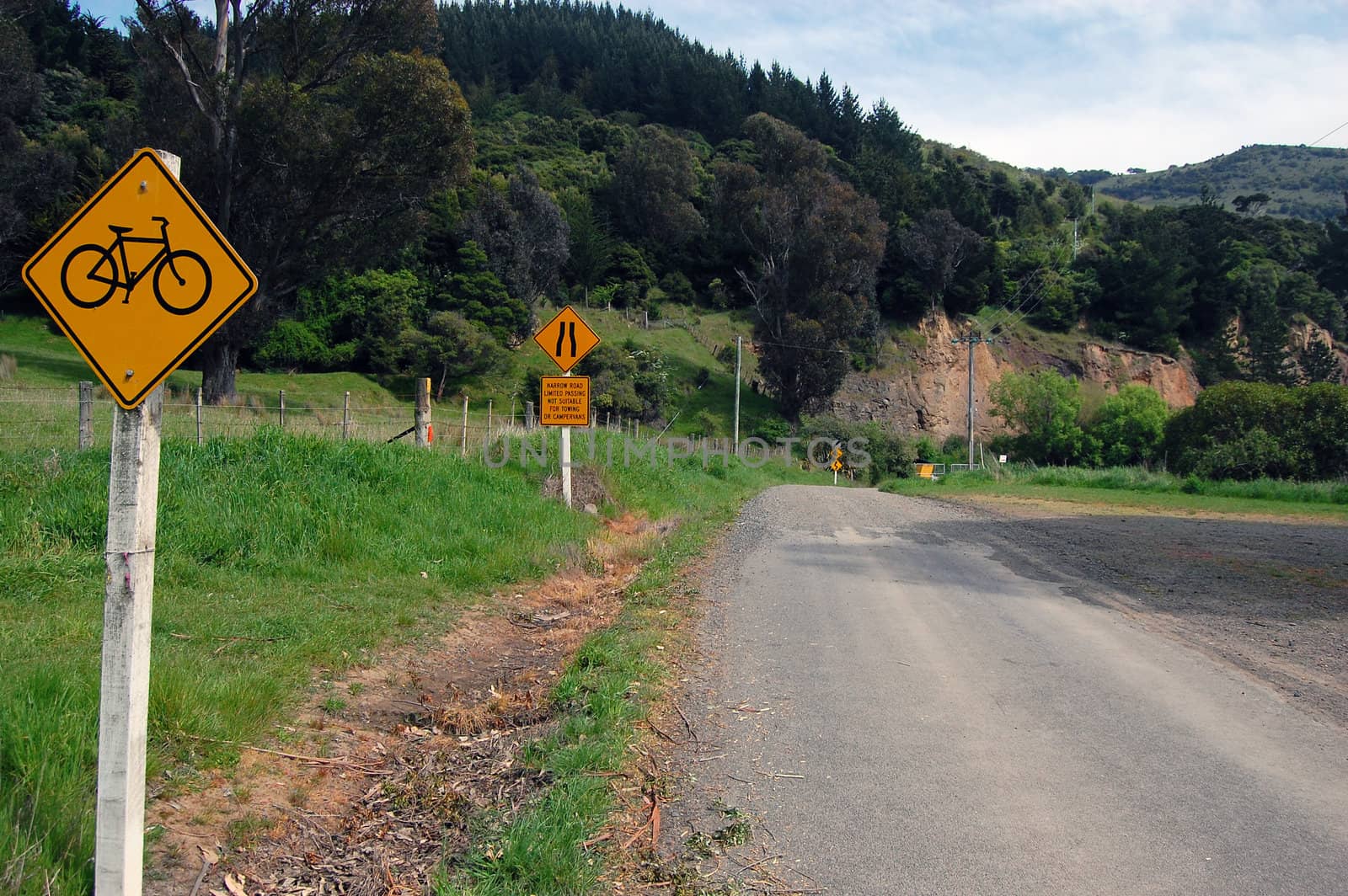 Bicycle sign on the road, Banks Peninsula, New Zealand