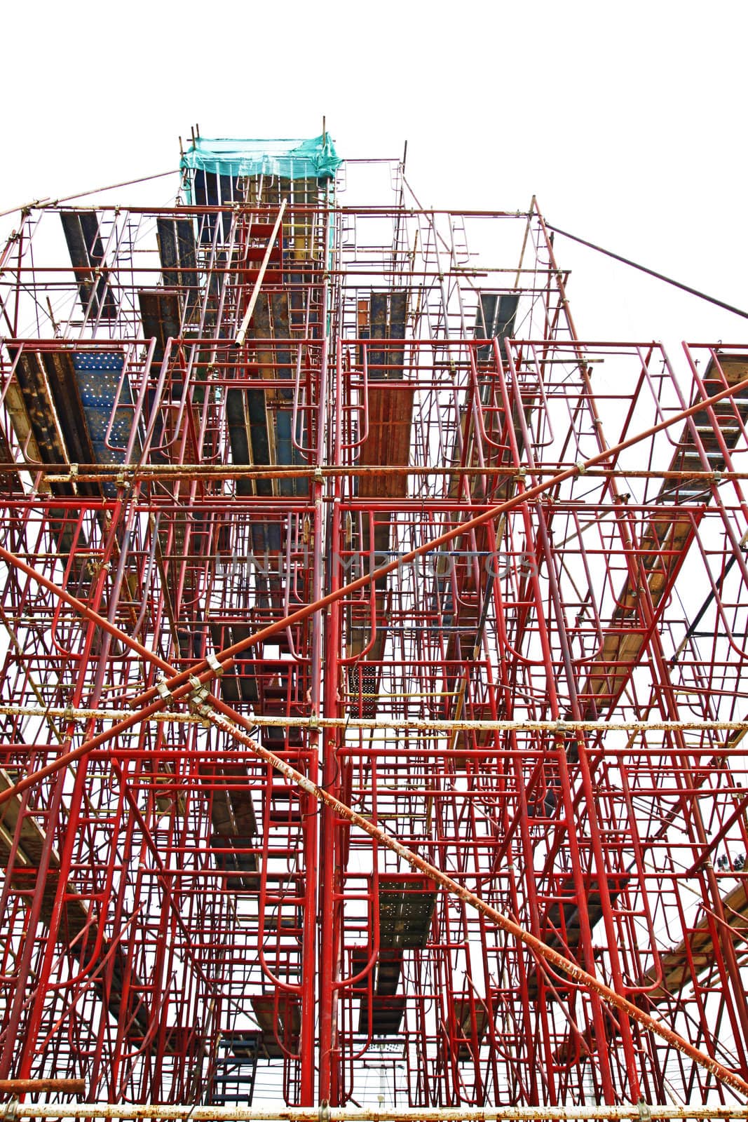 Temporary scaffold for construction works at building site.