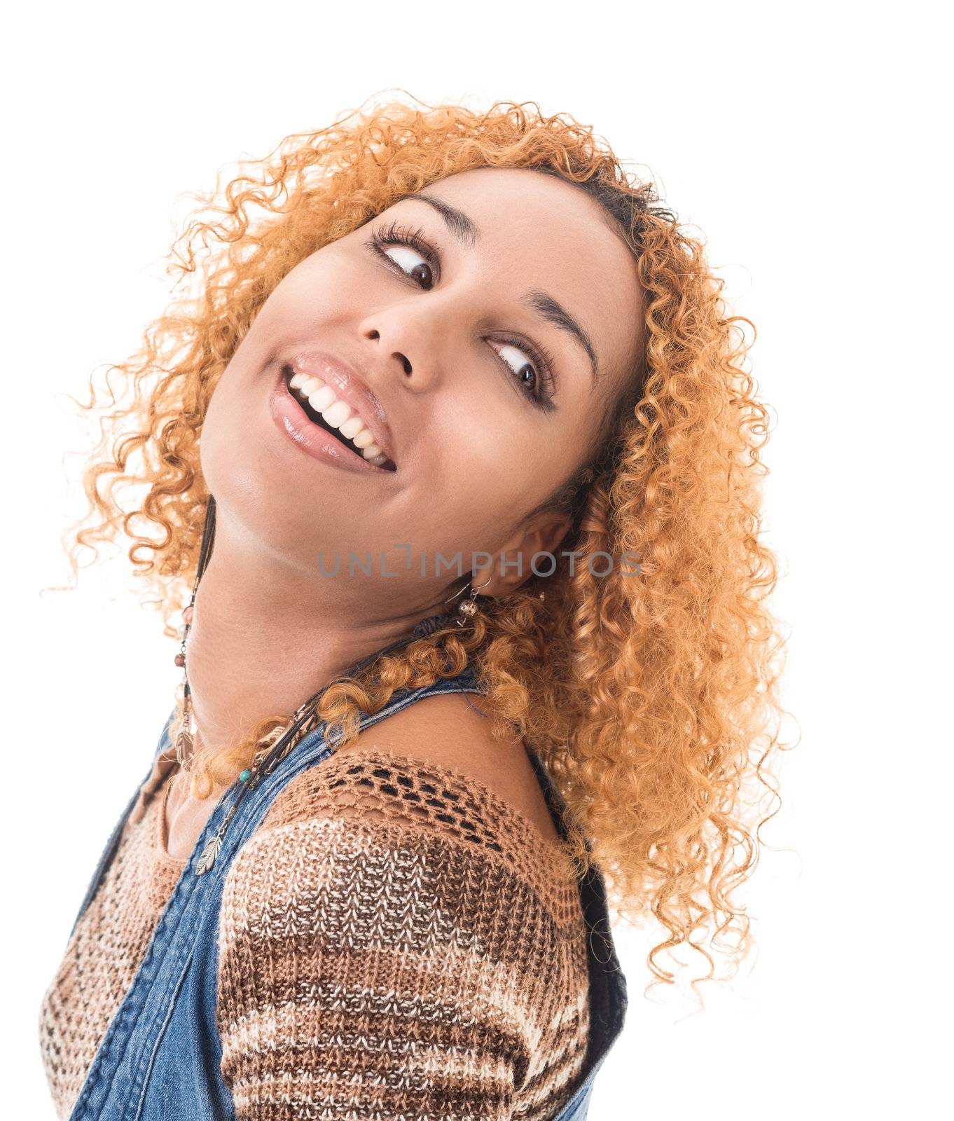 Portrait of attractive girl with curly golden hair