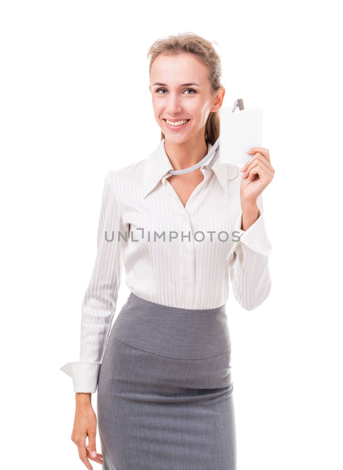 friendly office manager (employee services) shows her badge by Sergieiev