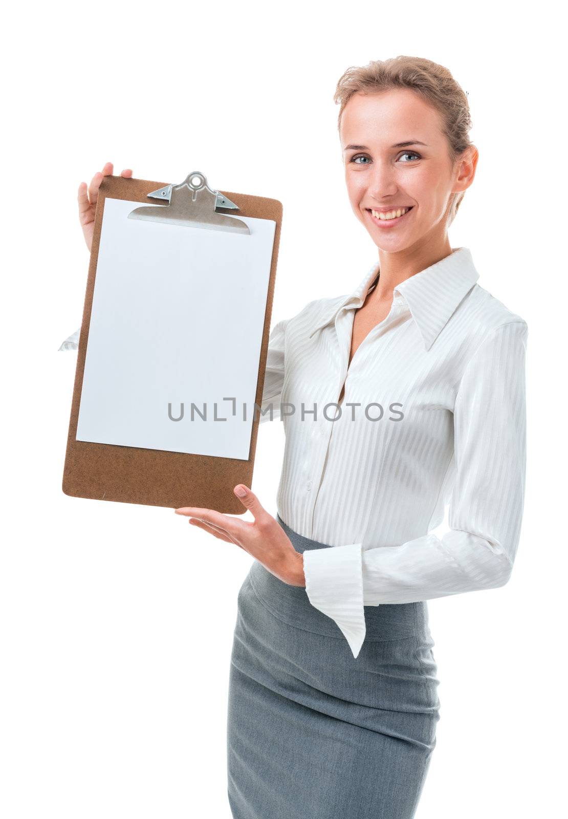 woman shows a blank clipboard by Sergieiev
