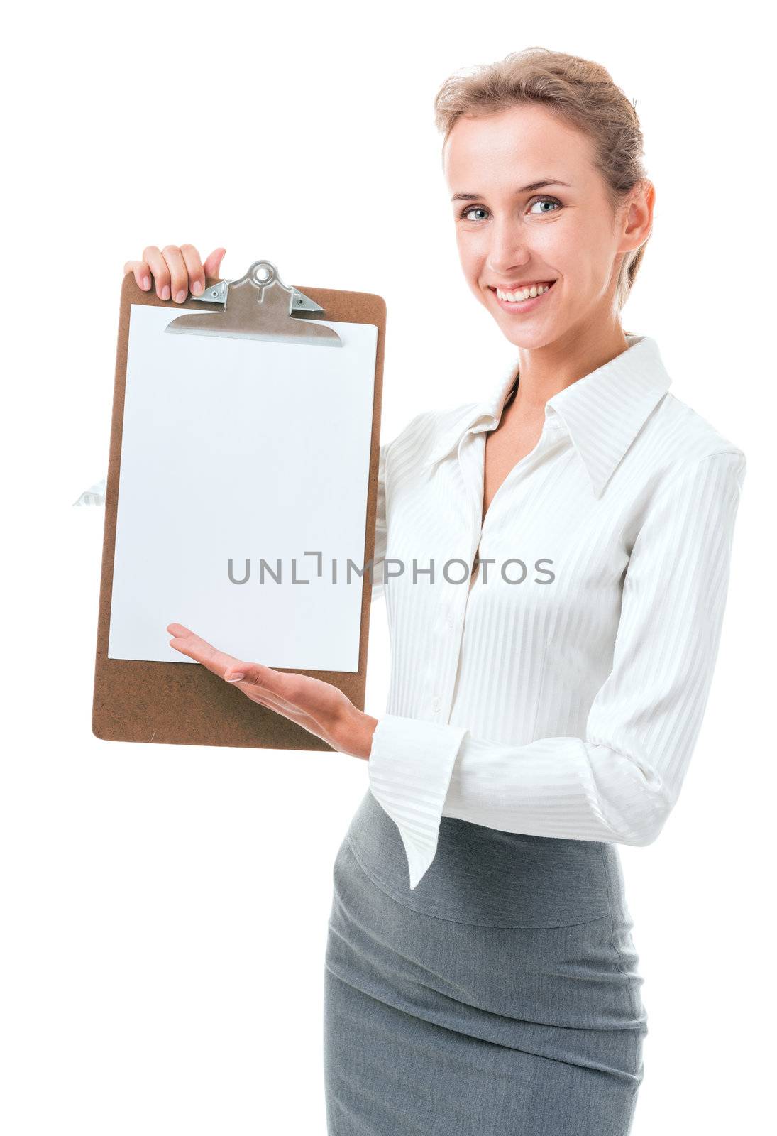 woman shows a blank clipboard by Sergieiev
