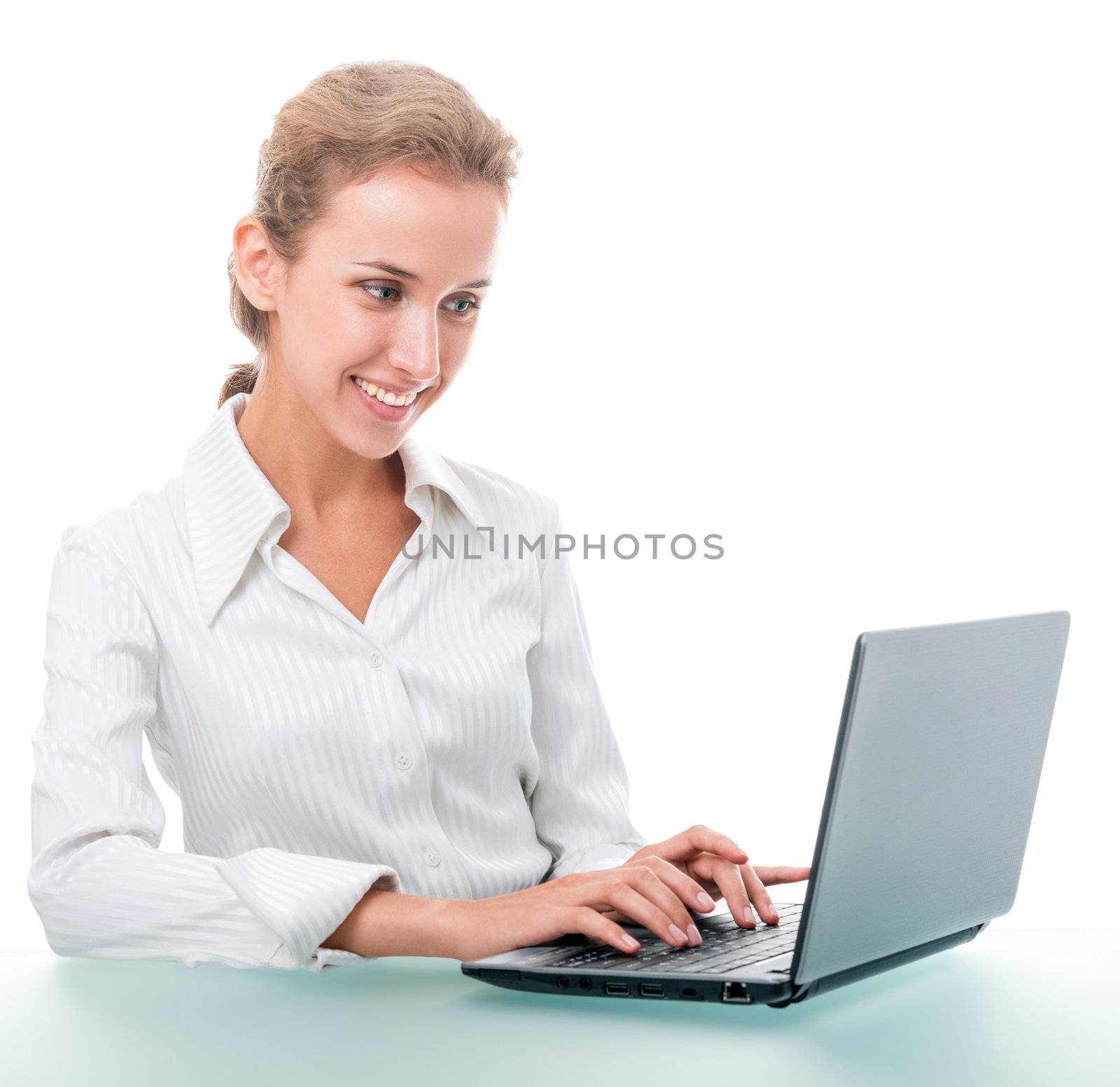 young woman in office attire. The figure is isolated on a white background with the clipping path