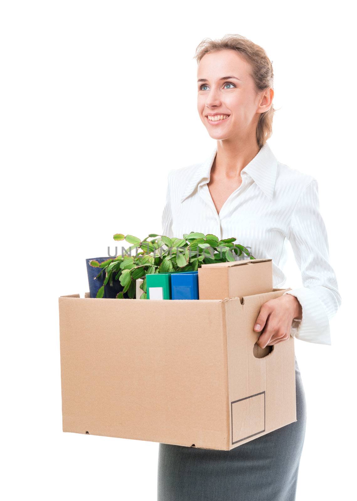 Portrait of business woman holding a box with her belongings by Sergieiev