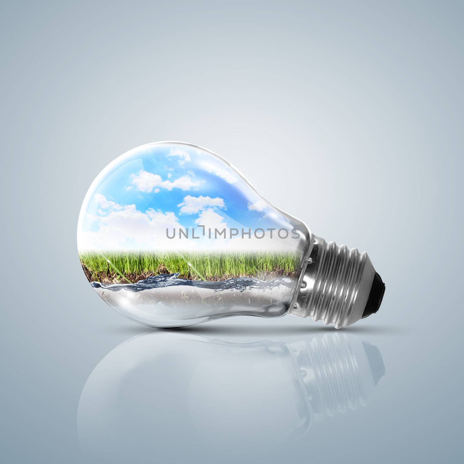 Ecoloy illustration Lamp bulb with clean nature and renewable energy symbol inside