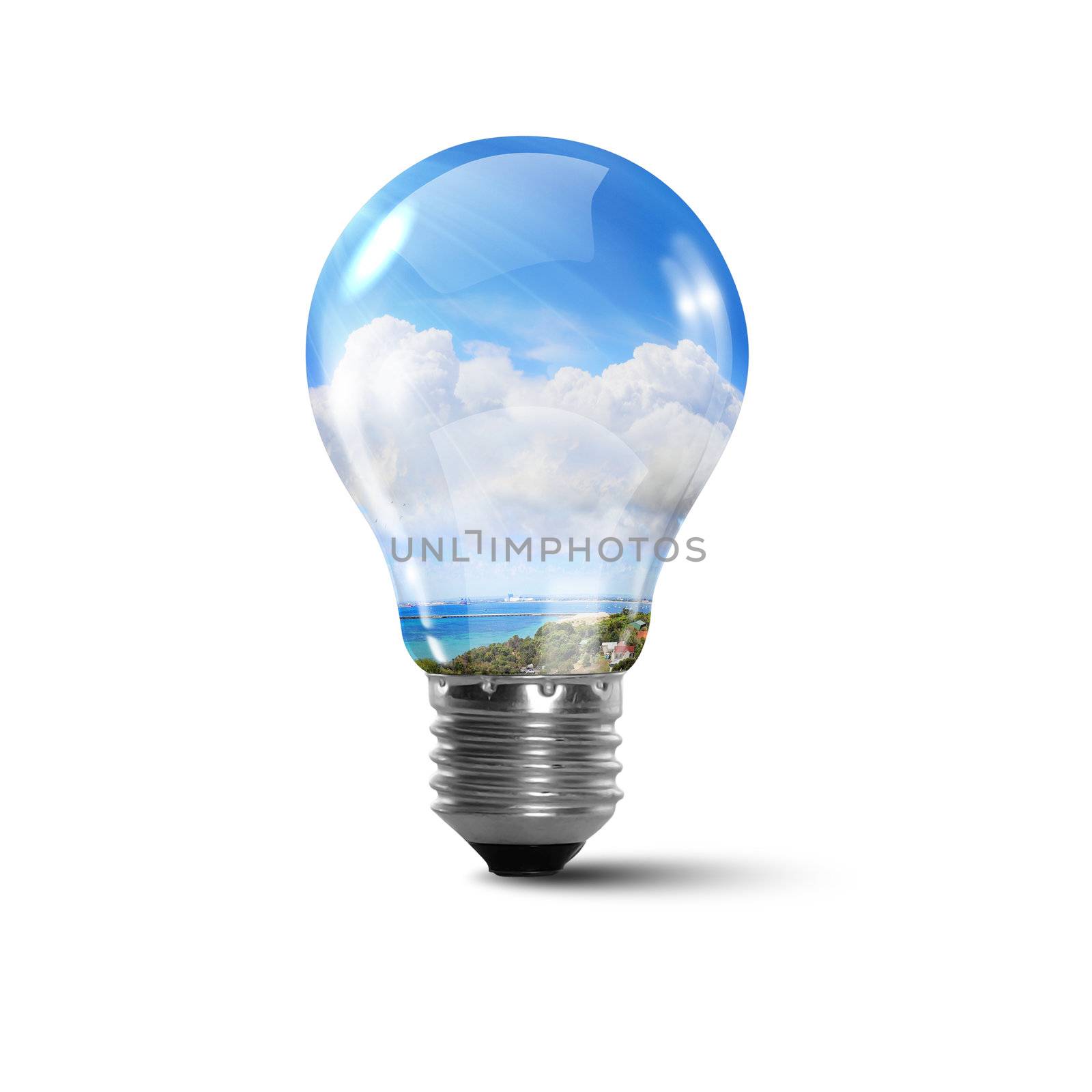 Illustration of an electric light bulb with clean and safe nature inside it Conceptual illustration