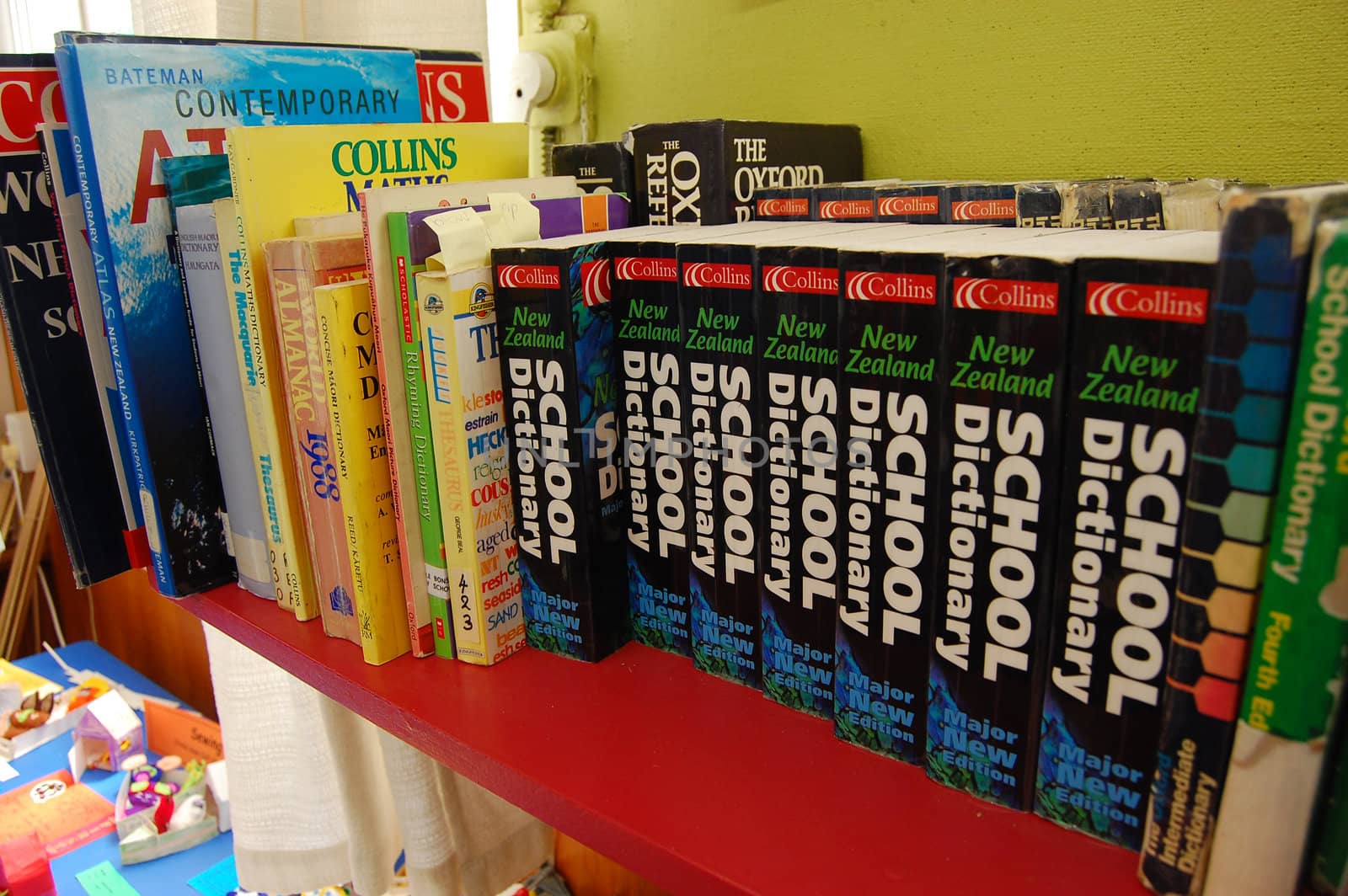 Books in school, Le Bons Bay, Banks Peninsula, New Zealand