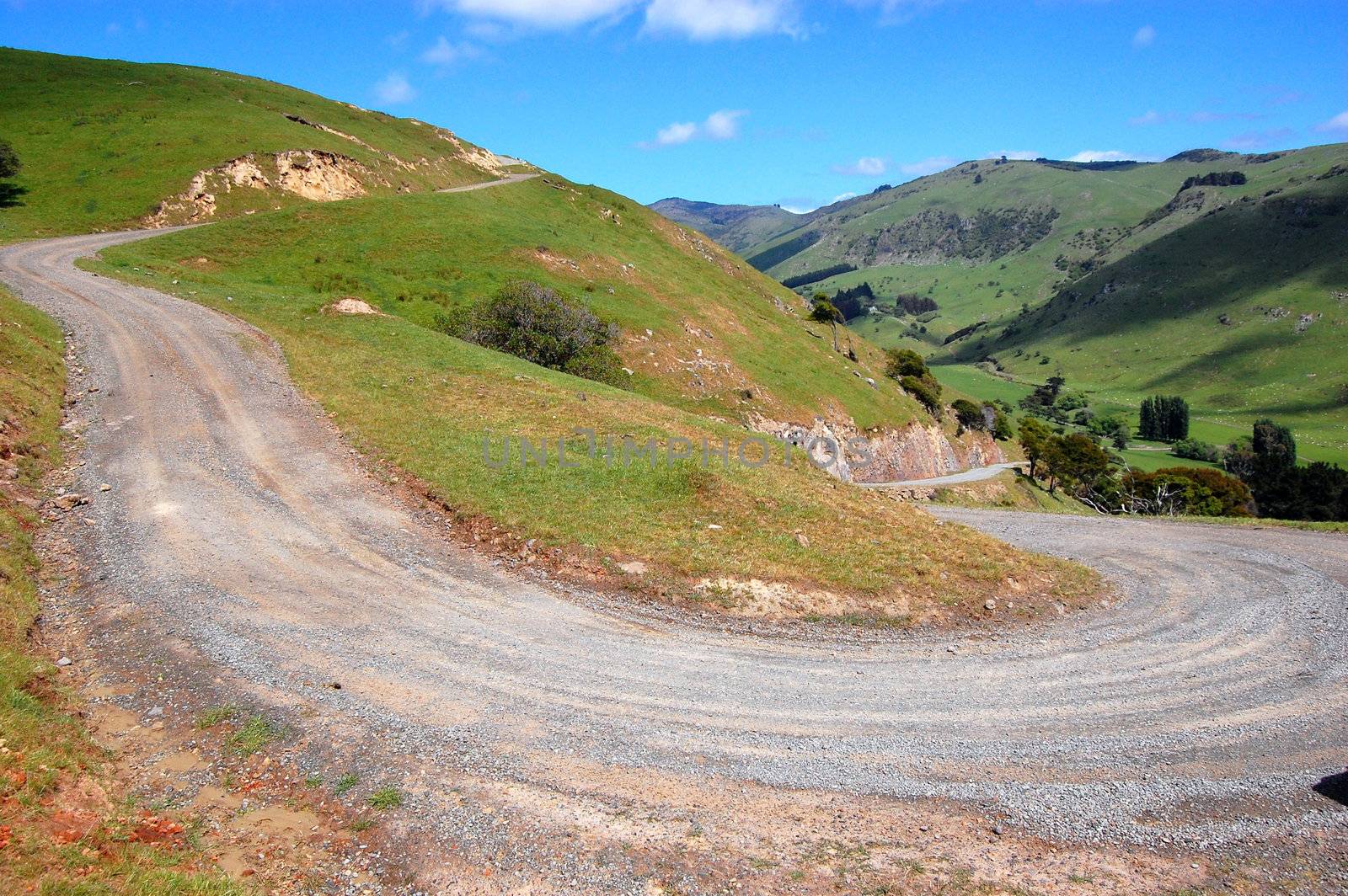 Gravel road in farm area, Banks Peninsula, New Zealand