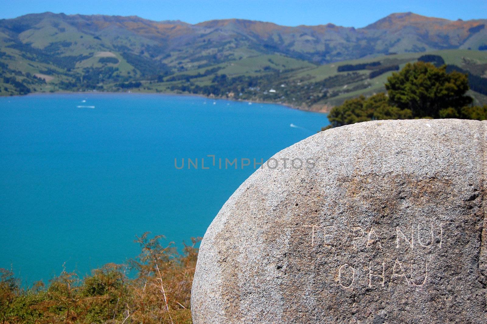 Maori stone inscription, Onawe Peninsula, New Zealand