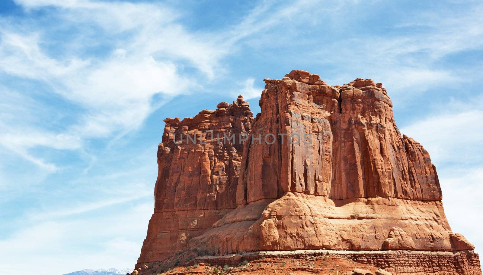 Red Rock Formations in Arches National Park with dramatic Blue Sky