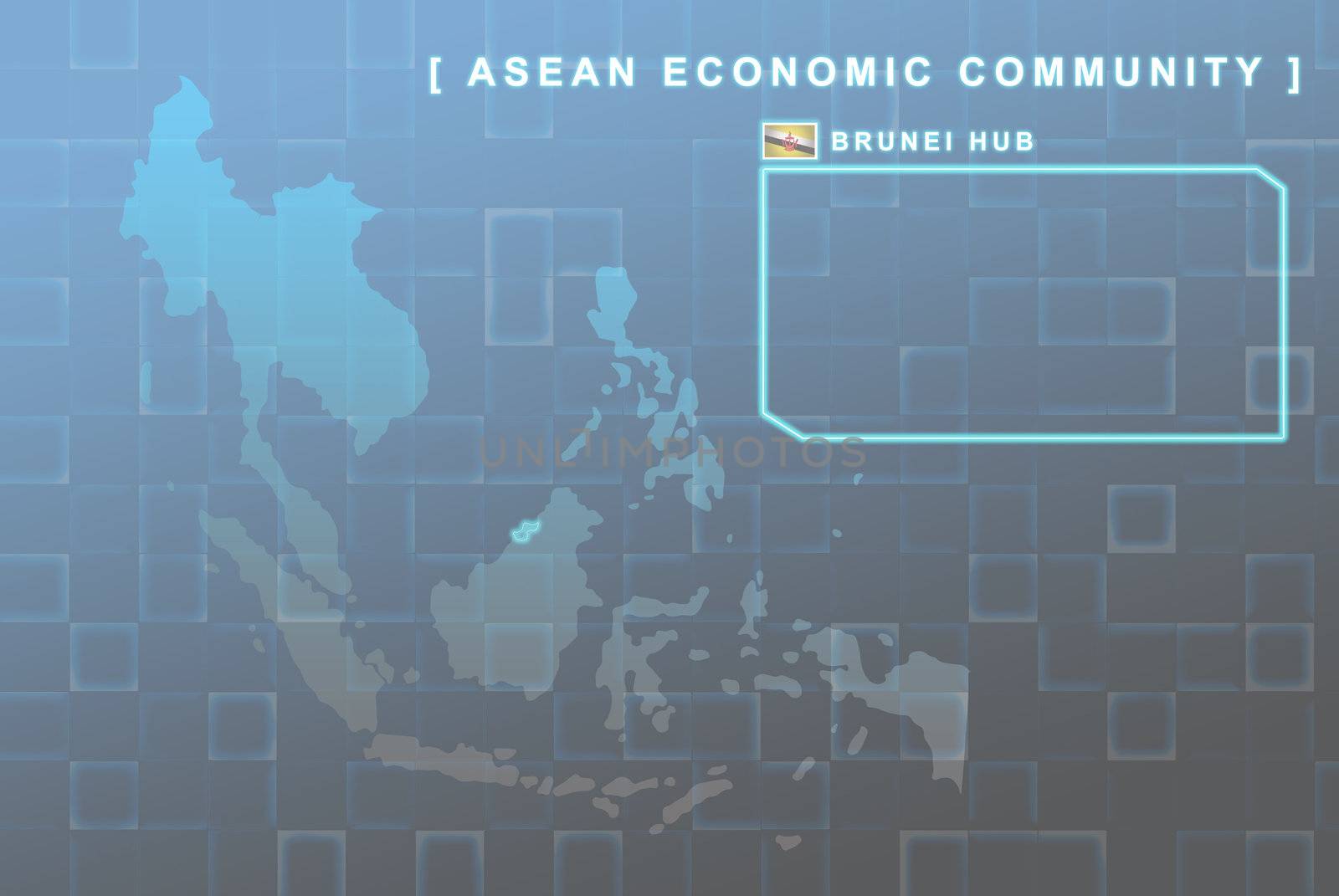 Modern map of South East Asia countries that will be member of AEC with Brunei flag symbol in background
