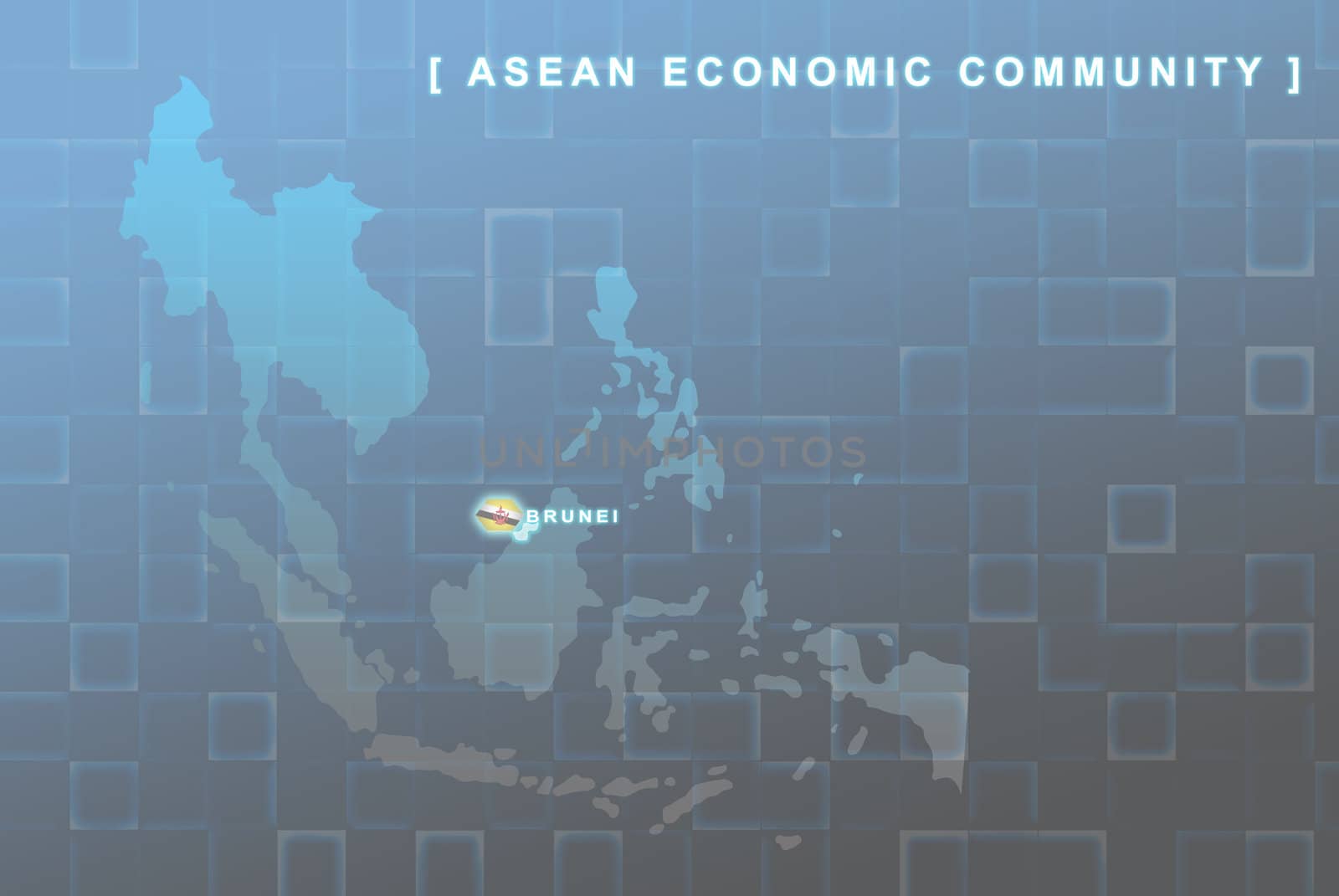 Modern map of South East Asia countries that will be member of AEC with Brunei flag symbol in background