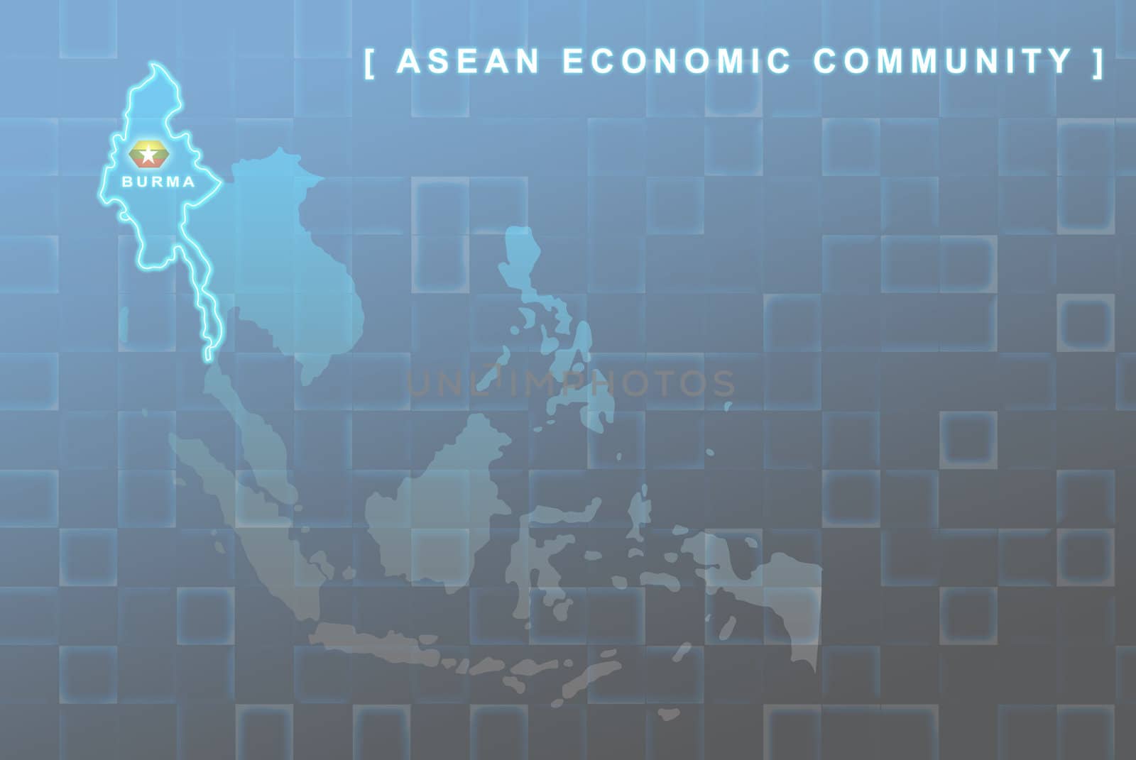 Modern map of South East Asia countries that will be member of AEC with Burma flag symbol in background