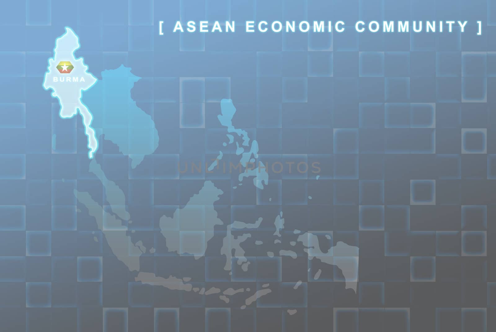 Modern map of South East Asia countries that will be member of AEC with Burma flag symbol in background