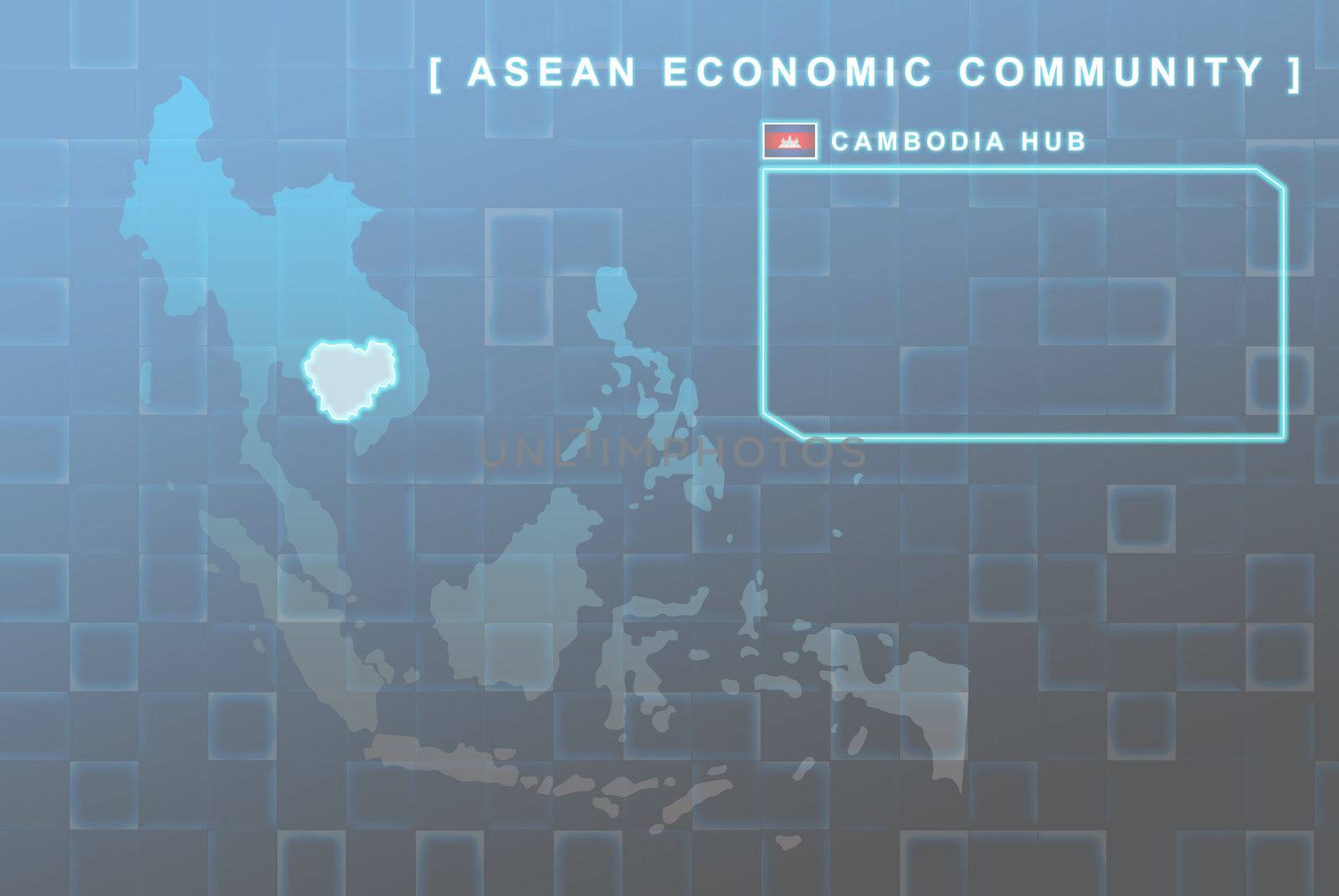 Modern map of South East Asia countries that will be member of AEC with Cambodia flag symbol in background