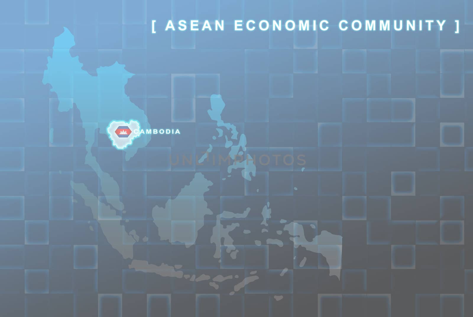 Modern map of South East Asia countries that will be member of AEC with Cambodia flag symbol in background