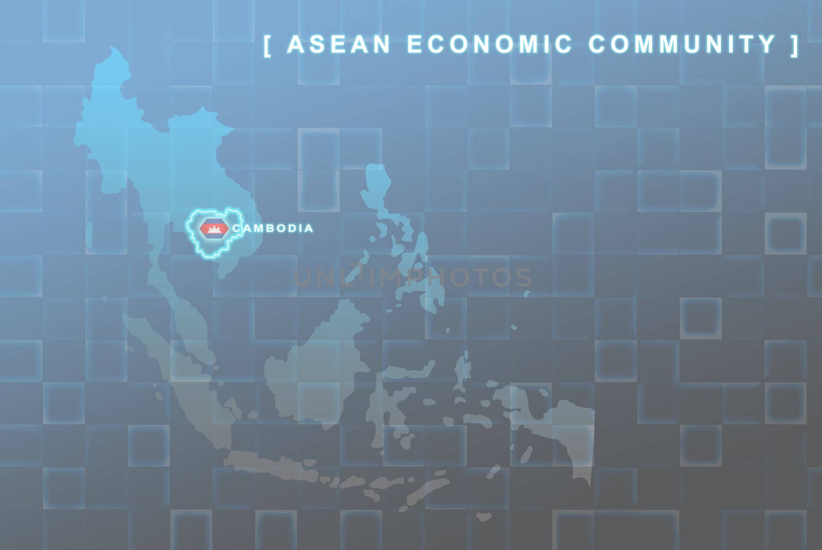 Modern map of South East Asia countries that will be member of AEC with Cambodia flag symbol in background