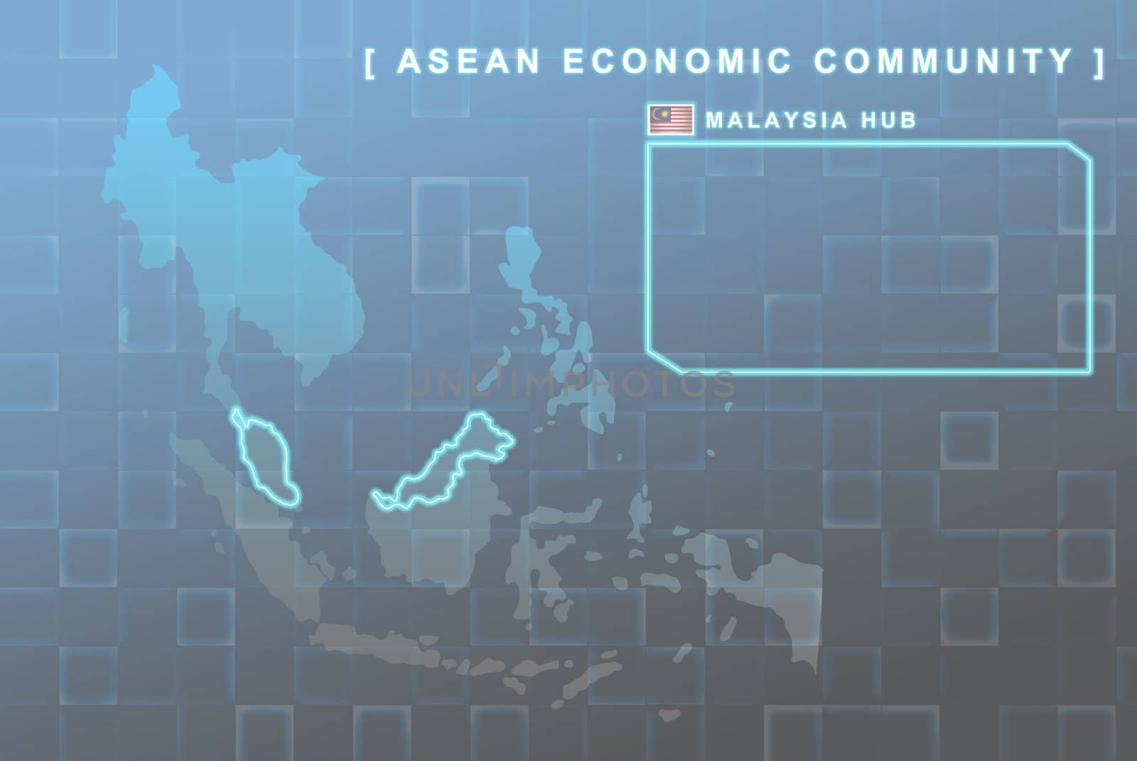Modern map of South East Asia countries that will be member of AEC with Malaysia flag symbol in background