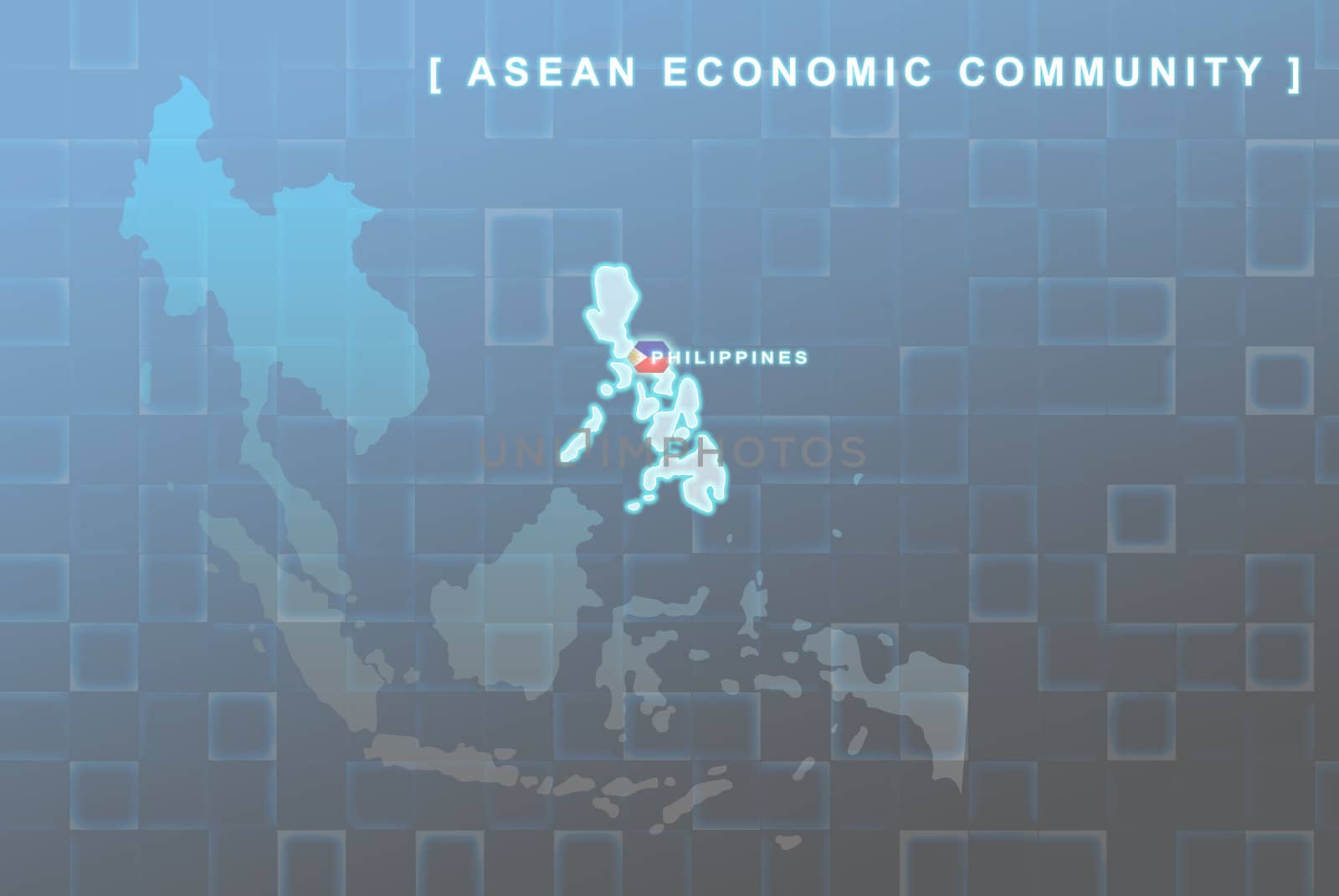Modern map of South East Asia countries that will be member of AEC with Philippines flag symbol in background
