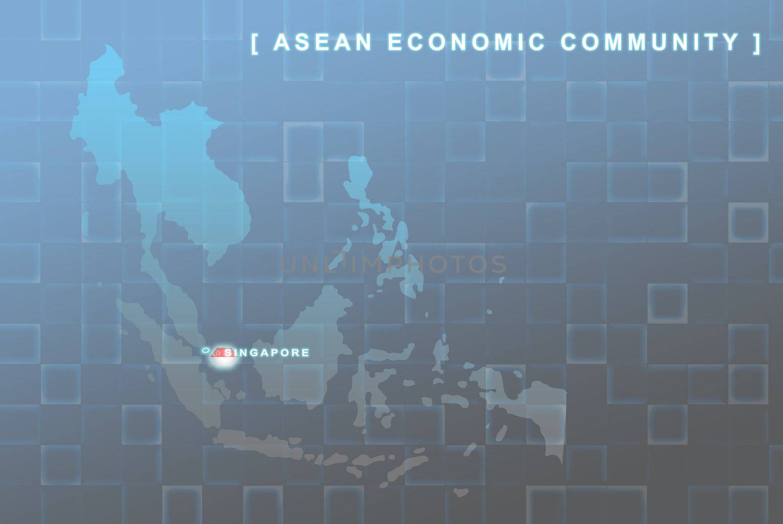 Modern map of South East Asia countries that will be member of AEC with Singapore flag symbol in background