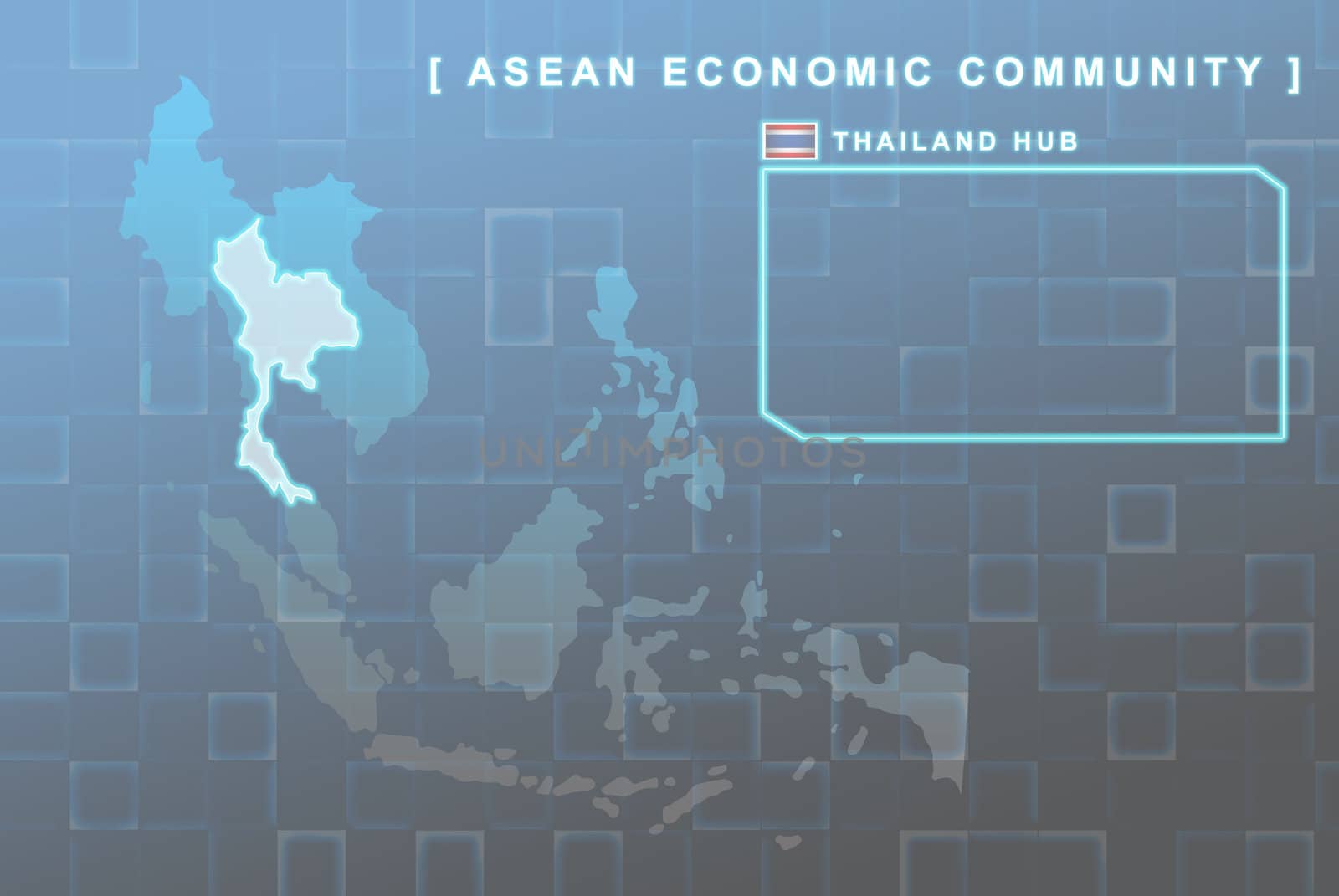Modern map of South East Asia countries that will be member of AEC with Thailand flag symbol in background