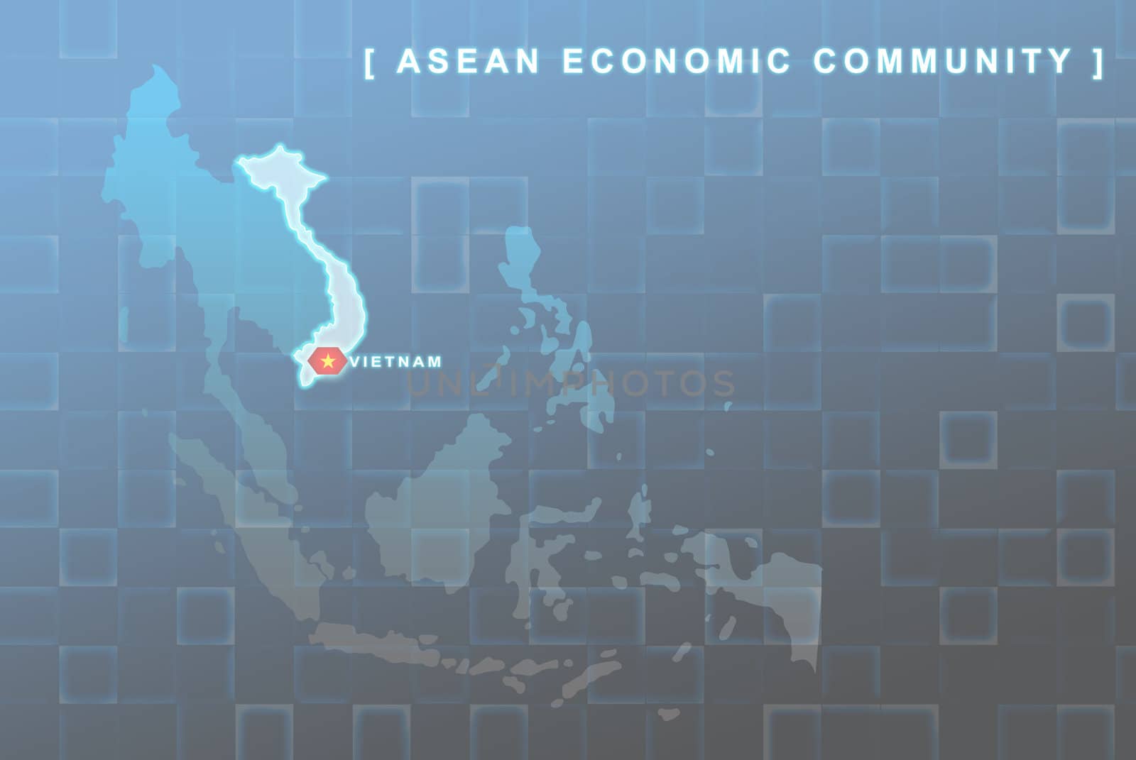 Modern map of South East Asia countries that will be member of AEC with Vietnam flag symbol in background