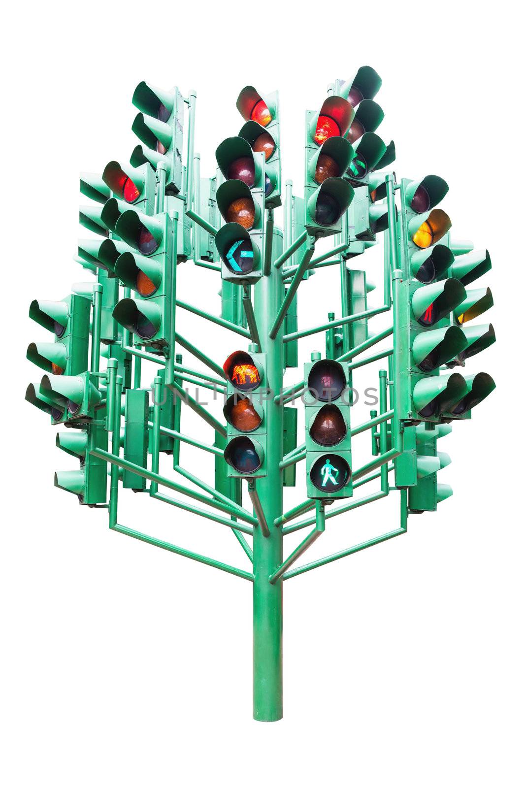 Multiple large traffic lights post made from green metal by sasilsolutions