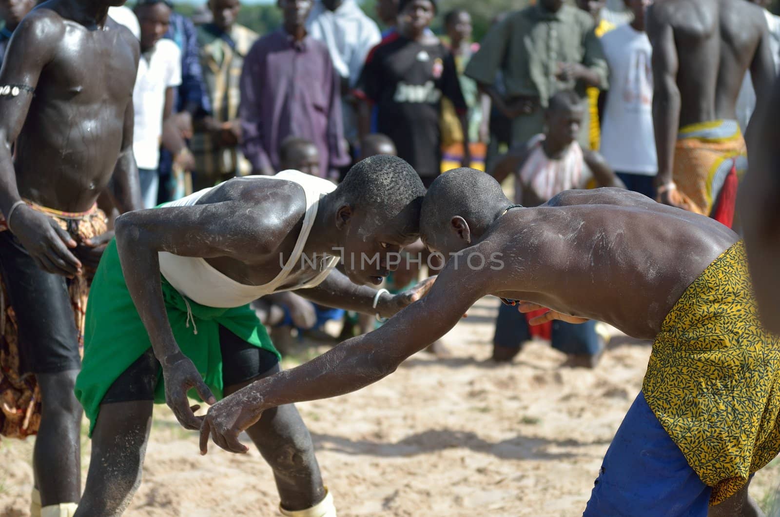 Kartiak, Senegal- September 27,2012: Men in the traditional struggle of Senegal, this sport is the most ancient competitive discipline in Senegal, this sport is the most beloved in Senegal