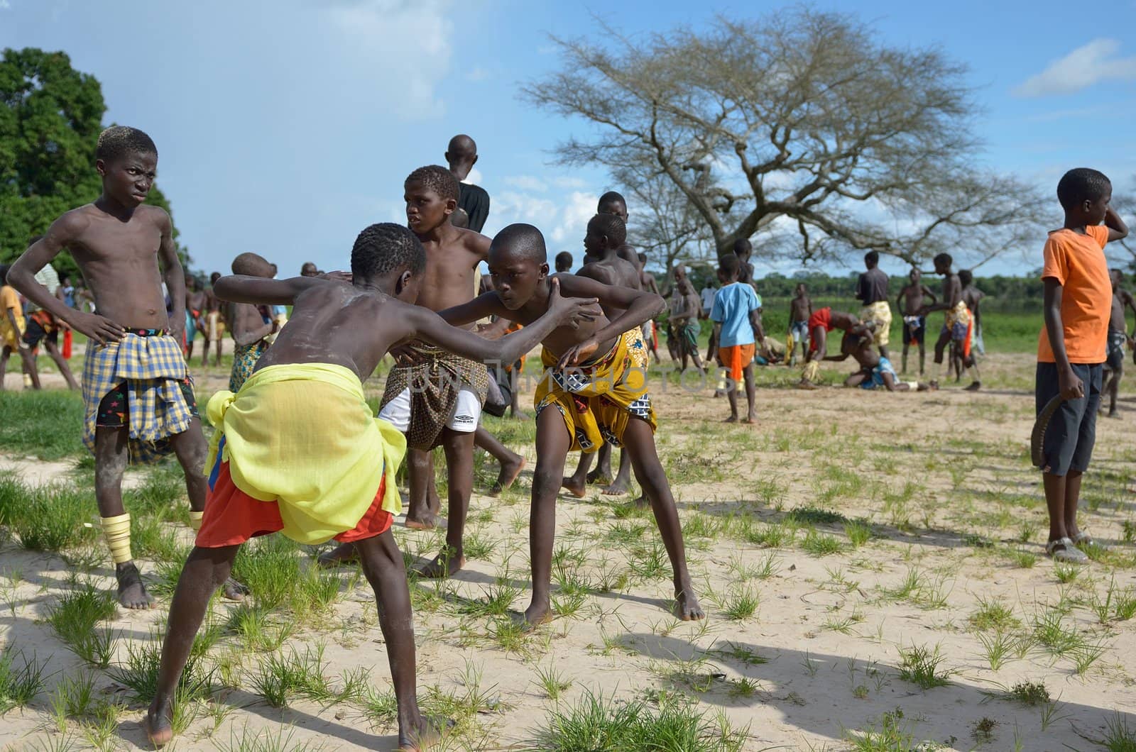 Kartiak, Senegal- September 25,2012: children in the traditional struggle of Senegal, this sport is the most ancient competitive discipline in Senegal, this sport is the most beloved in Senegal