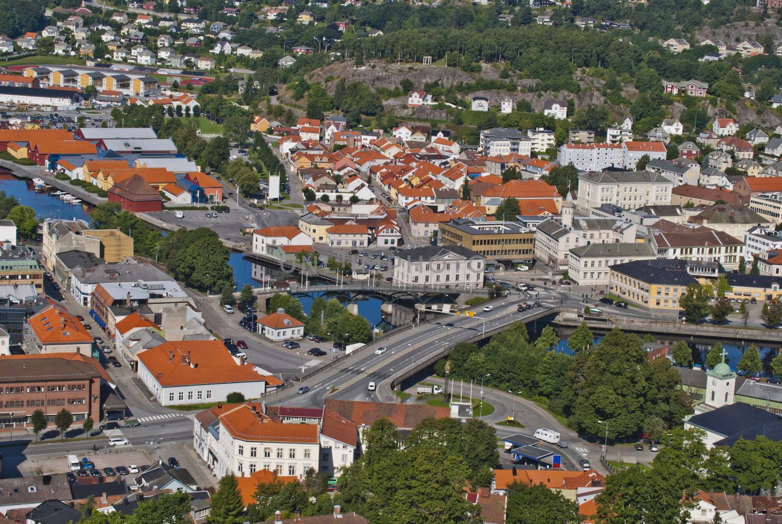 picture, cityscape of halden city is shot from the top of fredriksten fortress