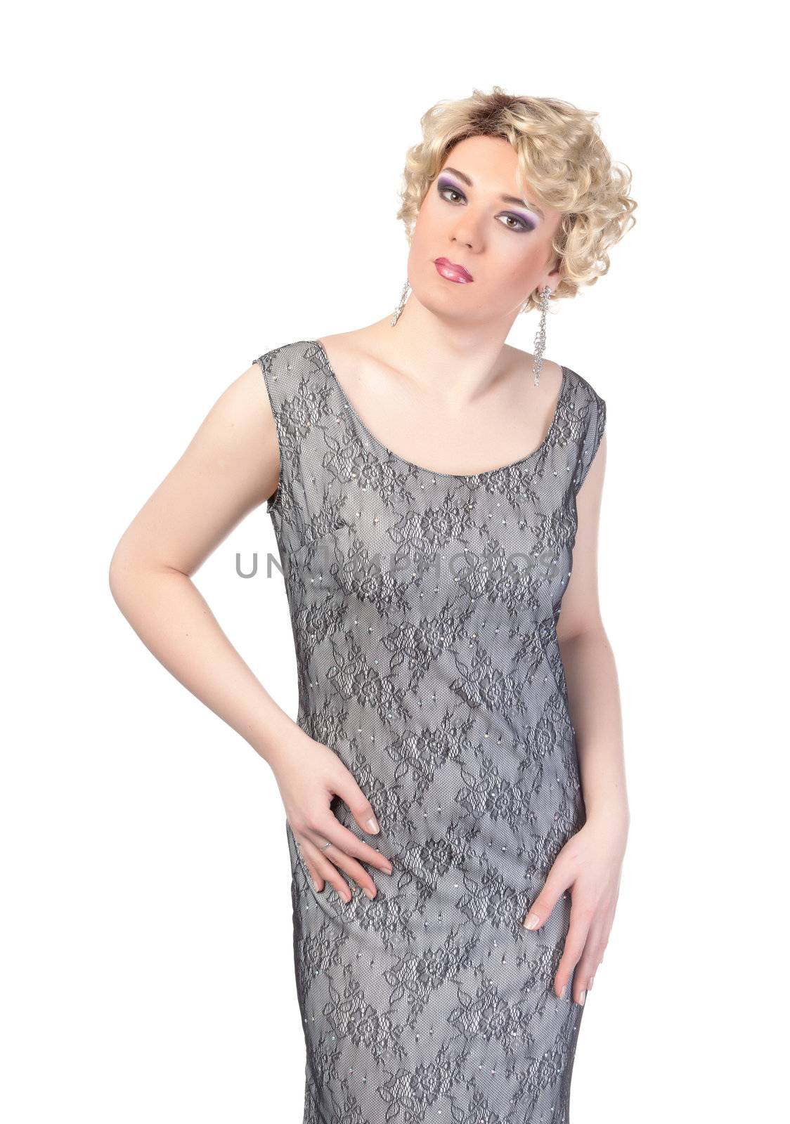 Portrait of drag queen. Man dressed as Woman, isolated on white background