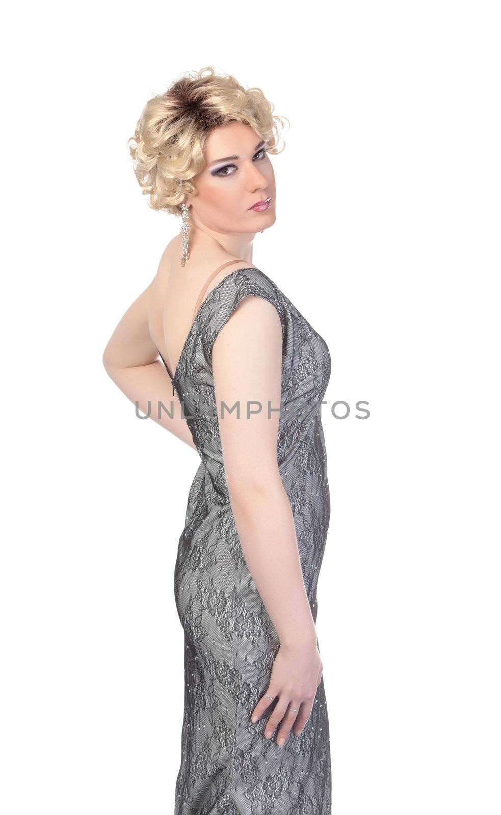 Portrait of drag queen. Man dressed as Woman, isolated on white background