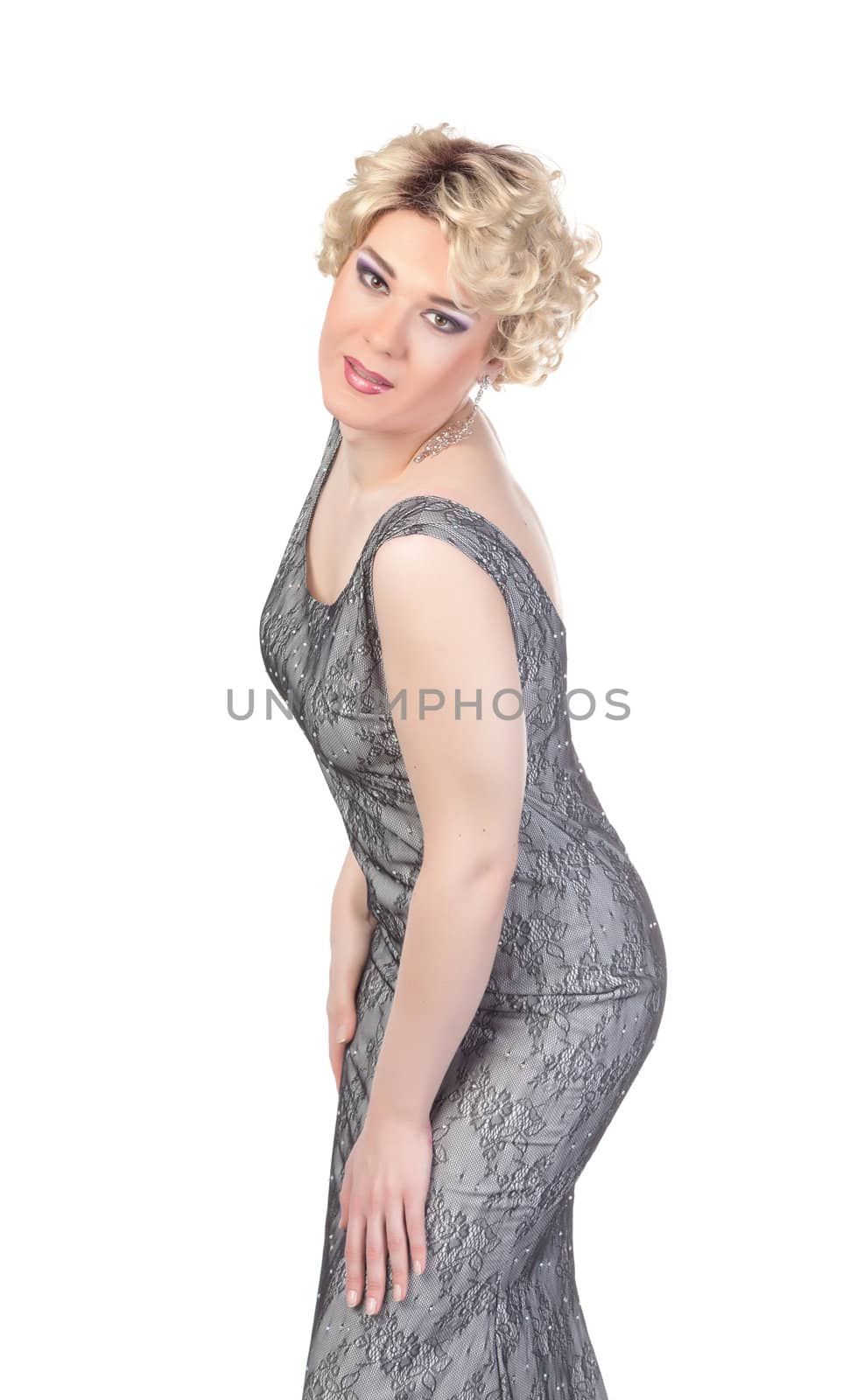 Portrait of drag queen. Man dressed as Woman, isolated on white background