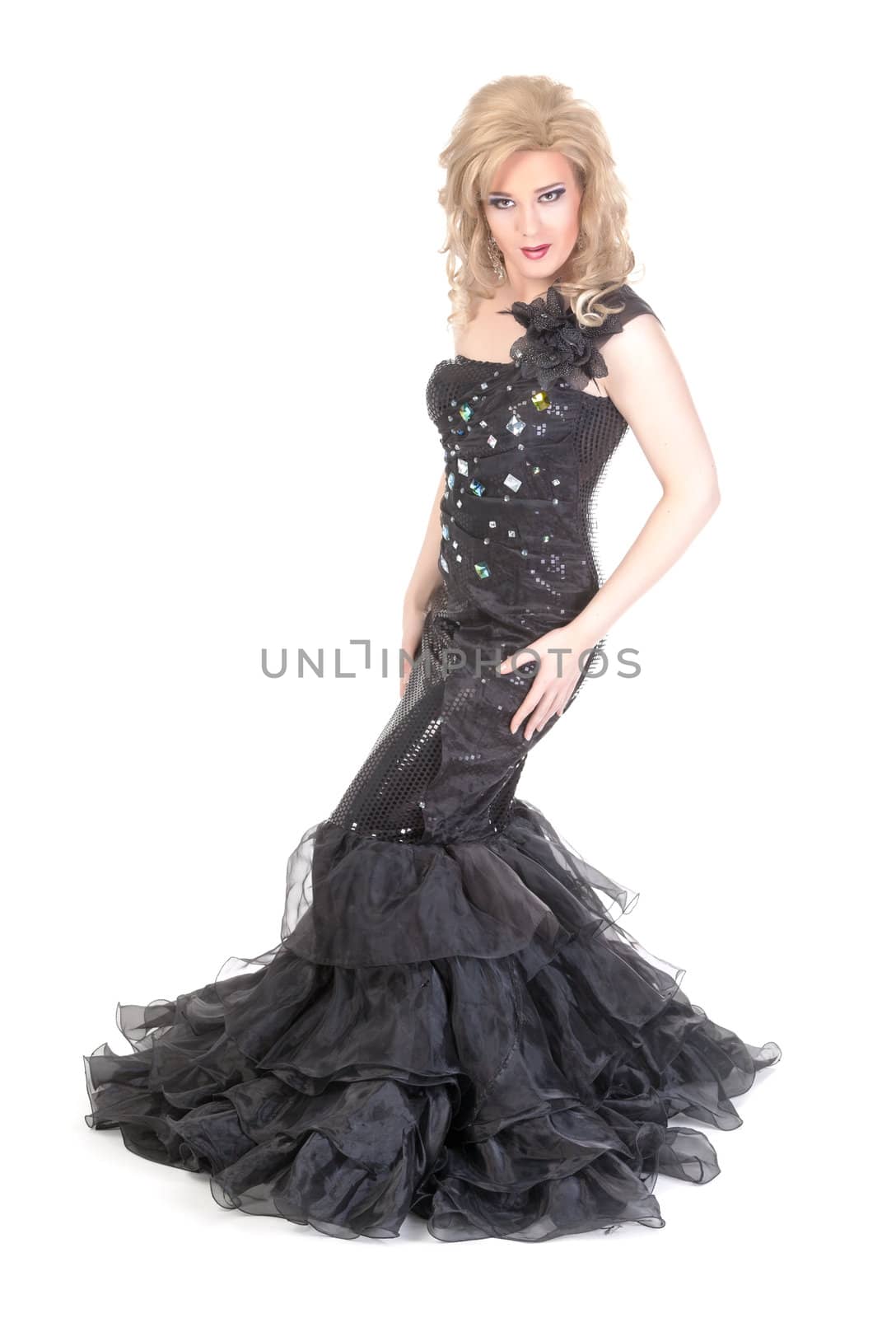 Full length portrait of drag queen. Man dressed as Woman, isolated on white background