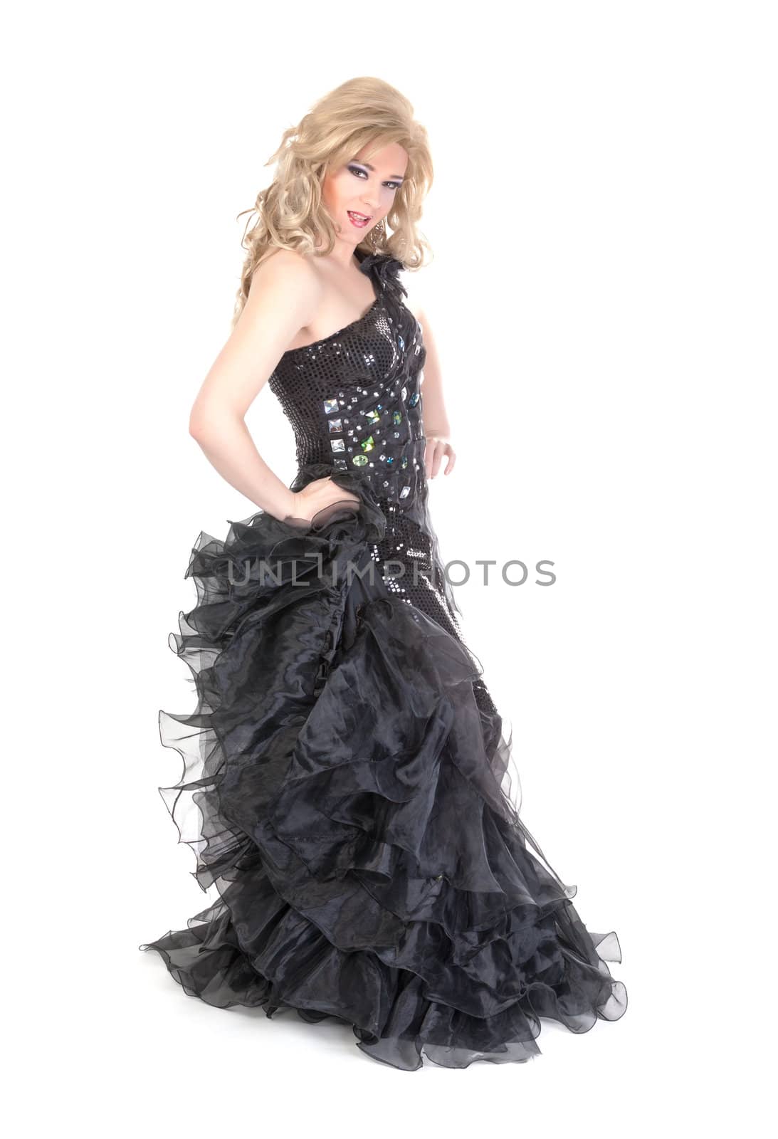 Full length portrait of drag queen. Man dressed as Woman, isolated on white background