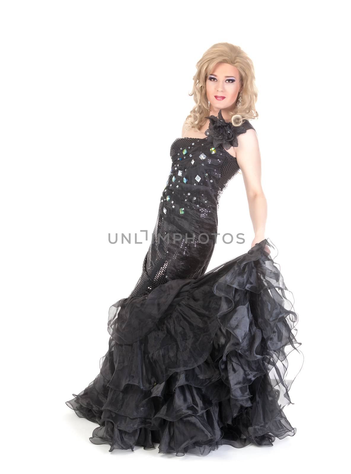 Full length portrait of drag queen. Man dressed as Woman, isolated on white background