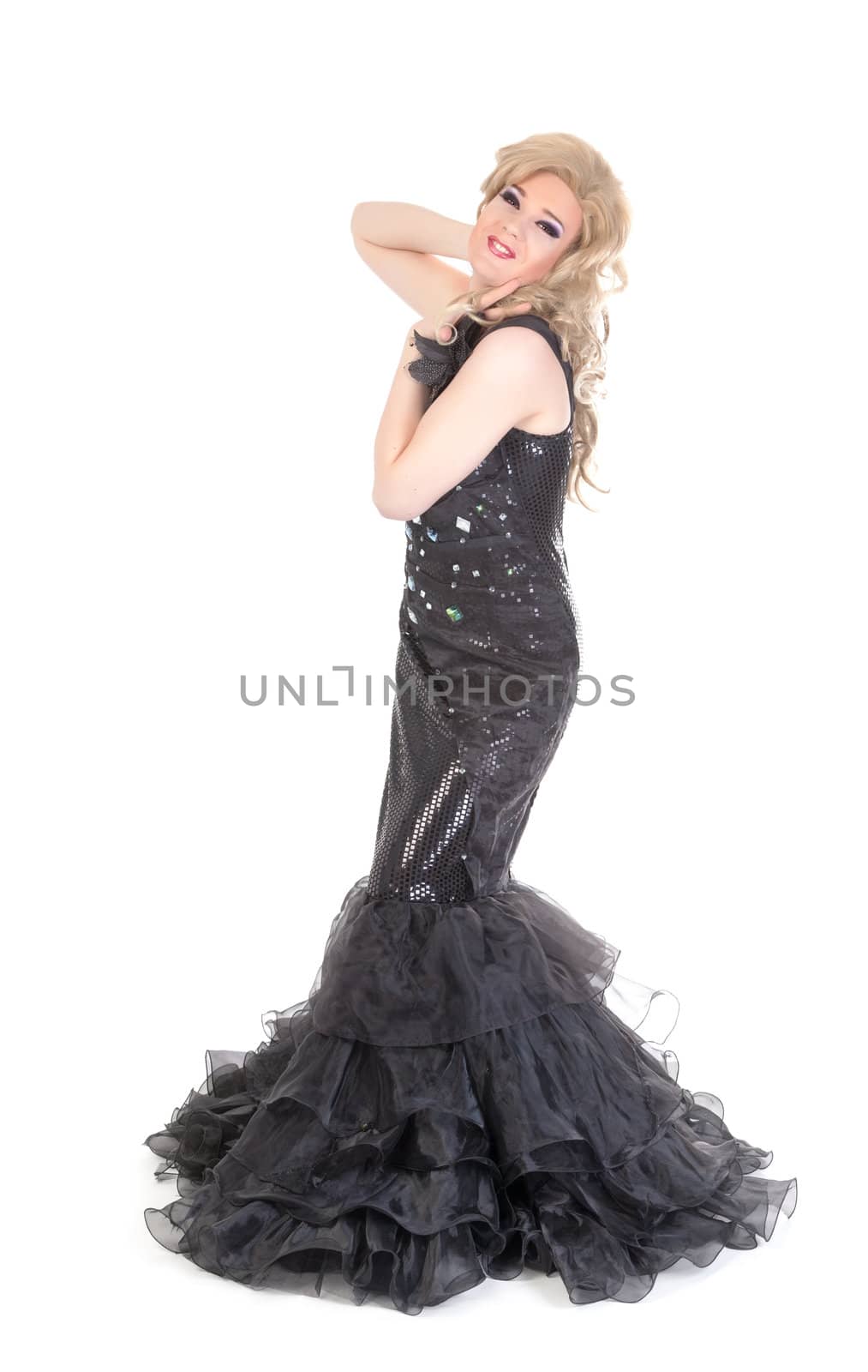 Full length portrait of drag queen. Man dressed as Woman, isolated on white background