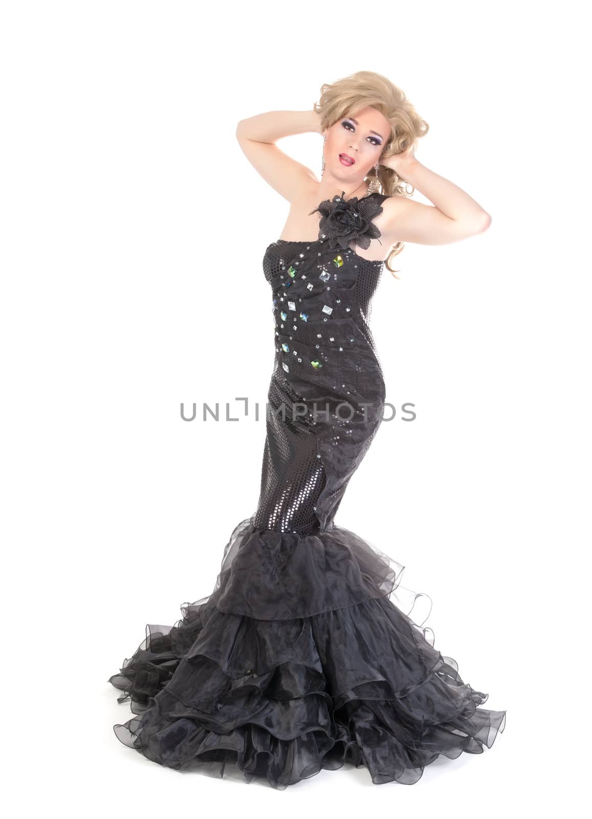 Full length portrait of drag queen. Man dressed as Woman, isolated on white background