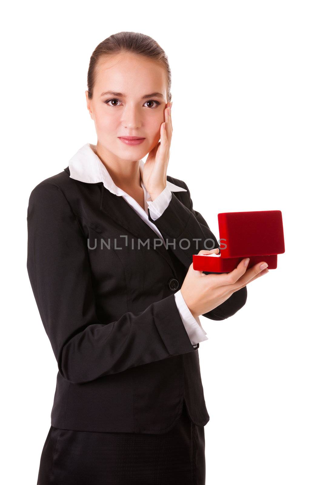 Young happy business woman with a red gift box isolated on white background