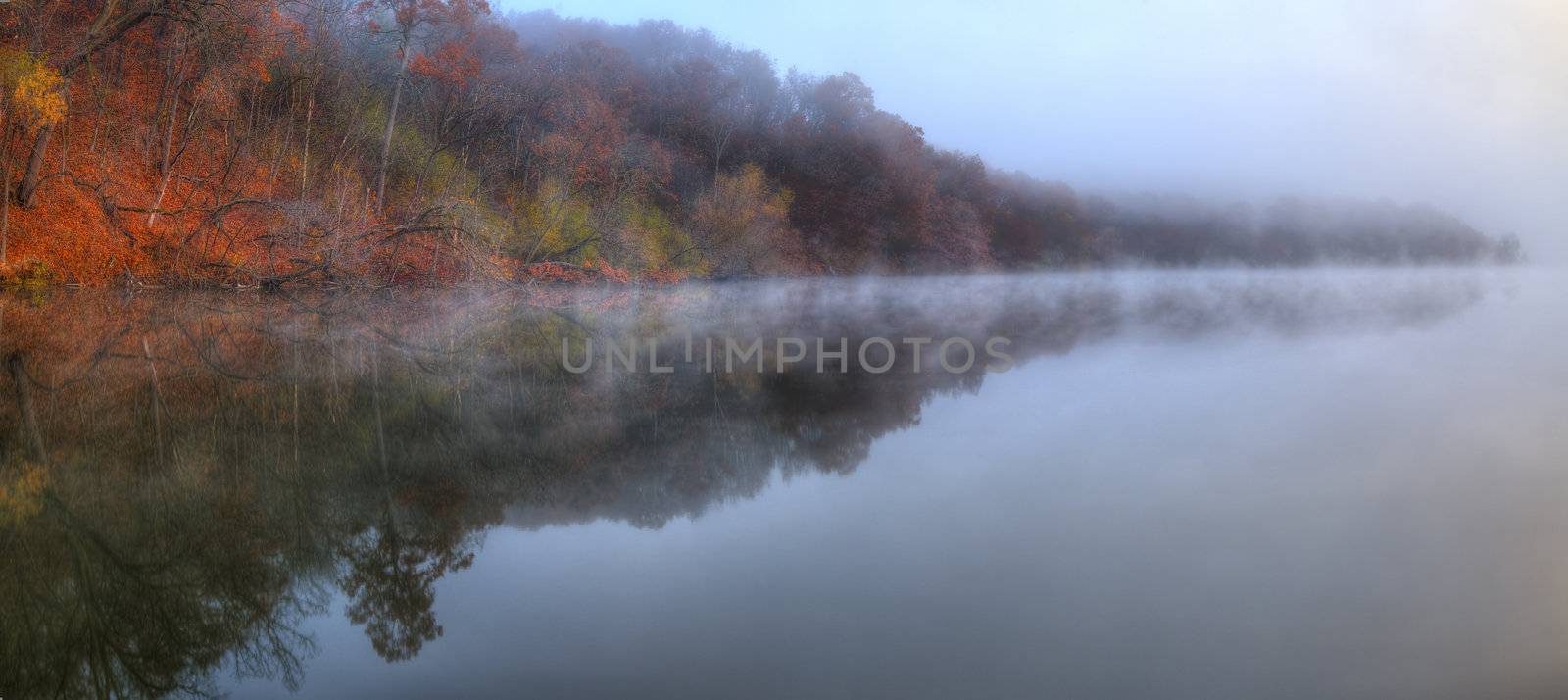 Foggy River Bank Foliage in HDR by Coffee999