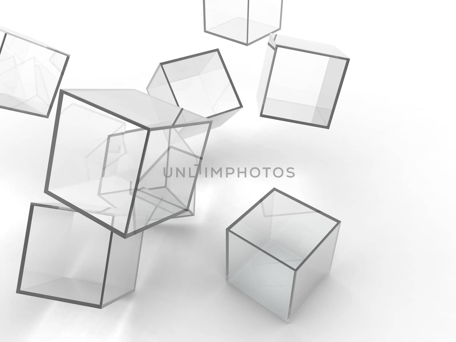 Abstract transparent glass cubes on a white background