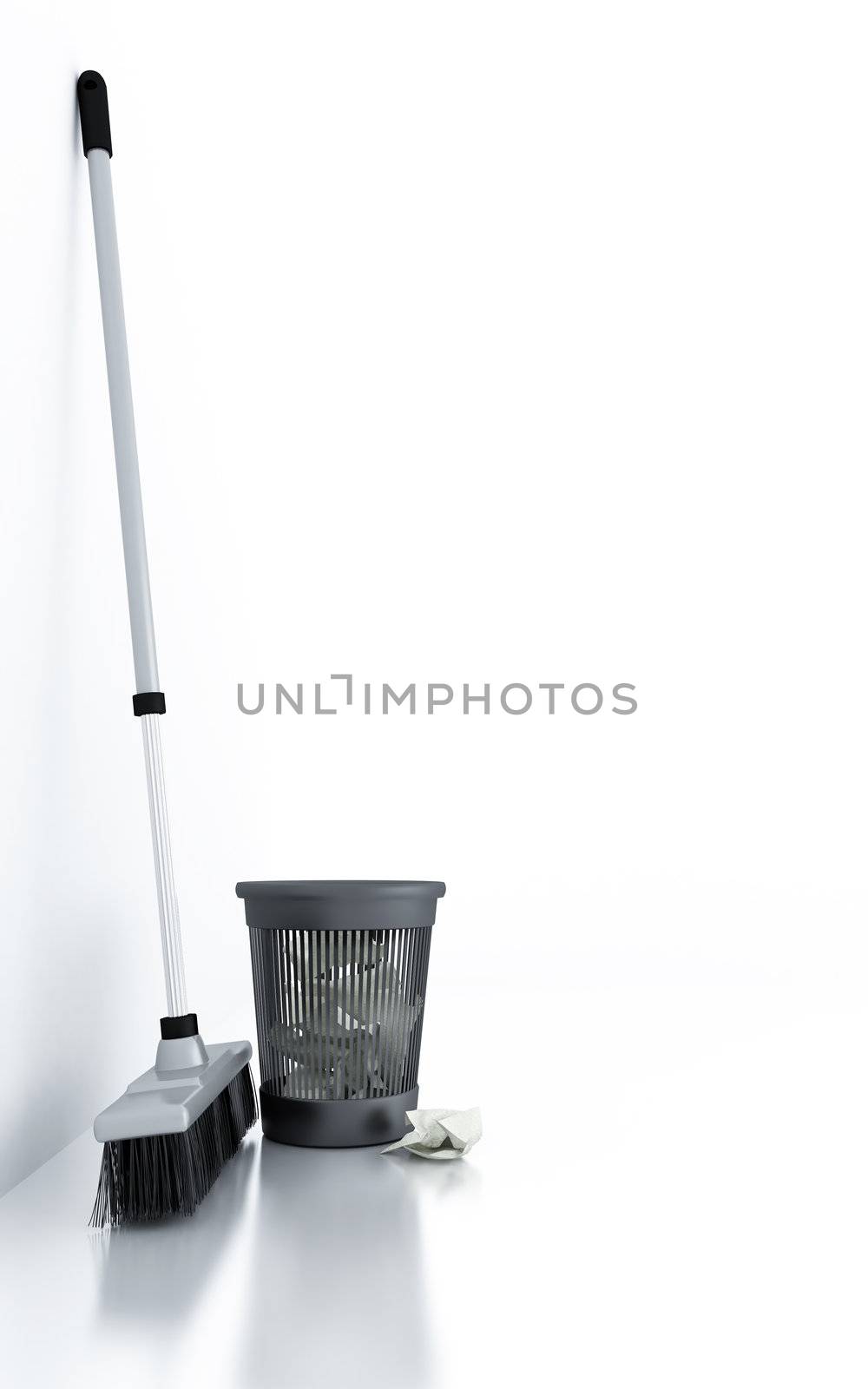 brush and a bucket of garbage in an empty light room