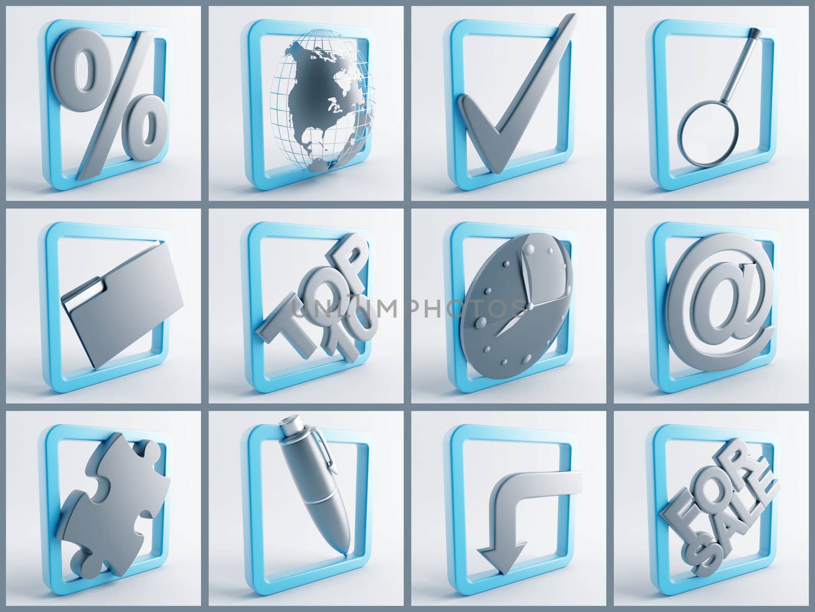 metallic symbols in blue frames on a white background