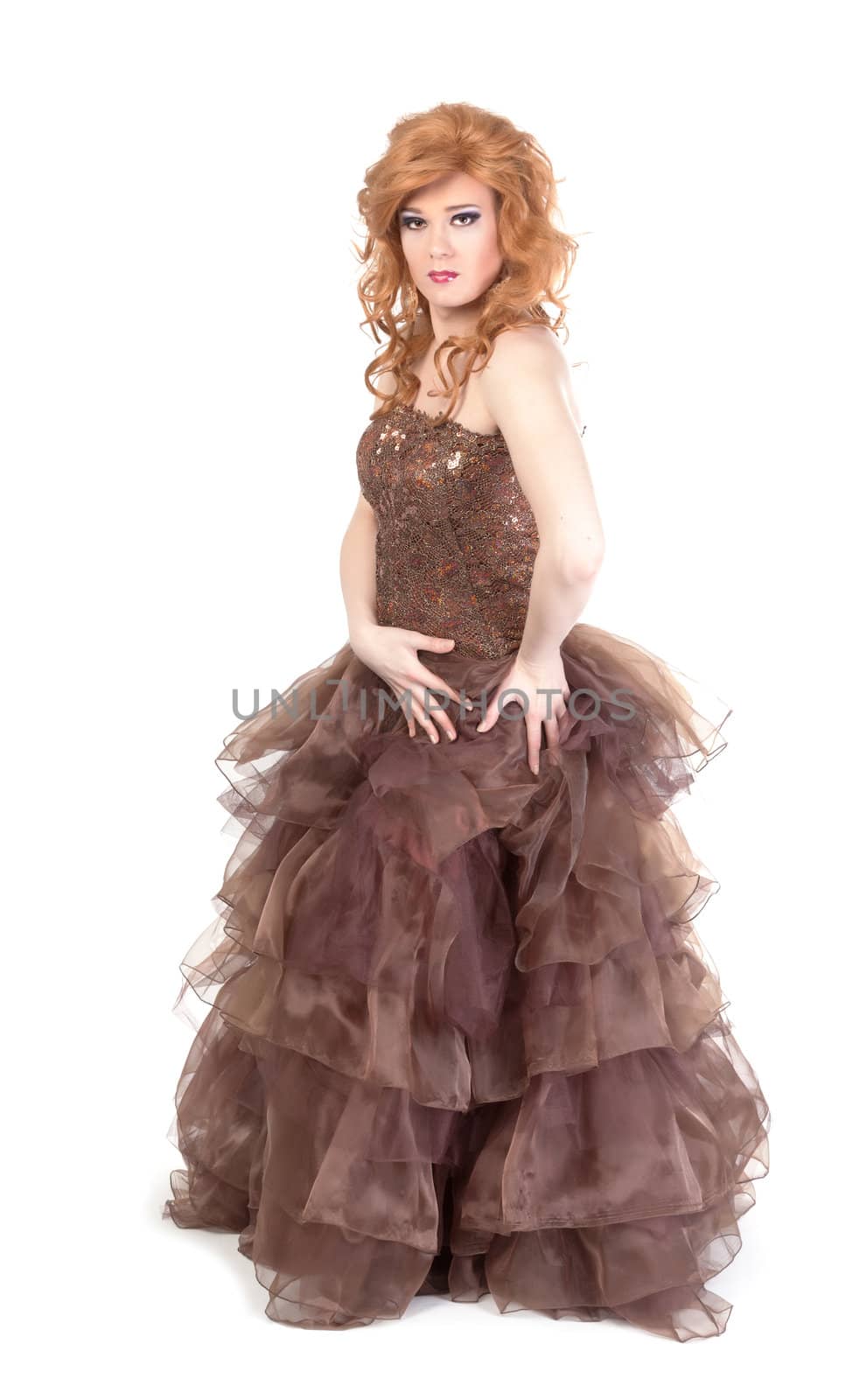 Full length portrait of drag queen. Man dressed as Woman, isolated on white background