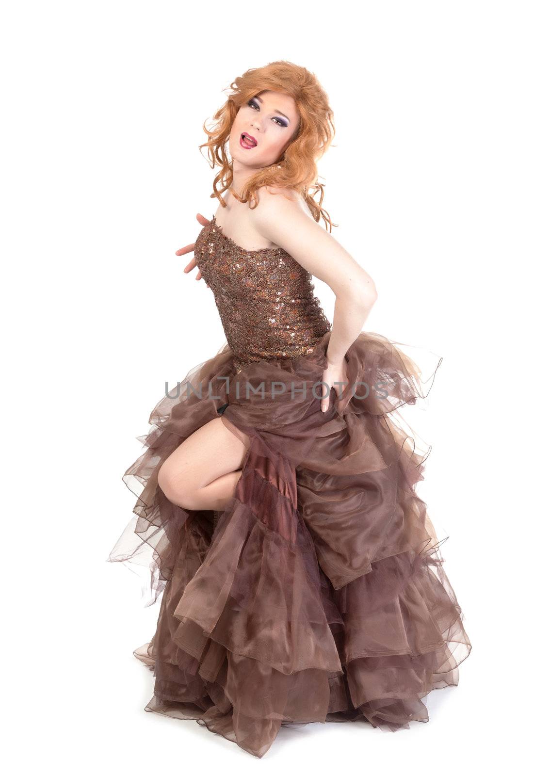 Full length portrait of drag queen. Man dressed as Woman, isolated on white background