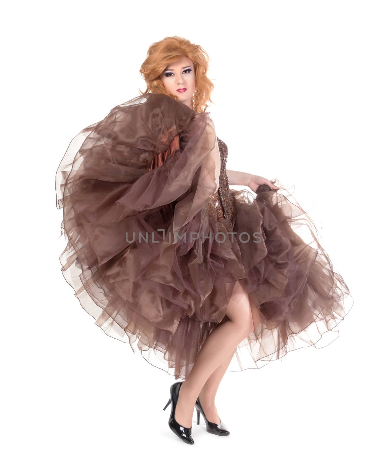 Full length portrait of drag queen. Man dressed as Woman, isolated on white background