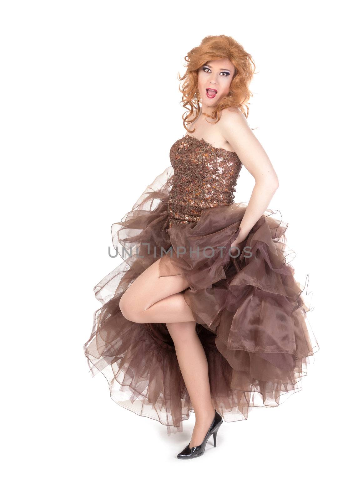 Full length portrait of drag queen. Man dressed as Woman, isolated on white background