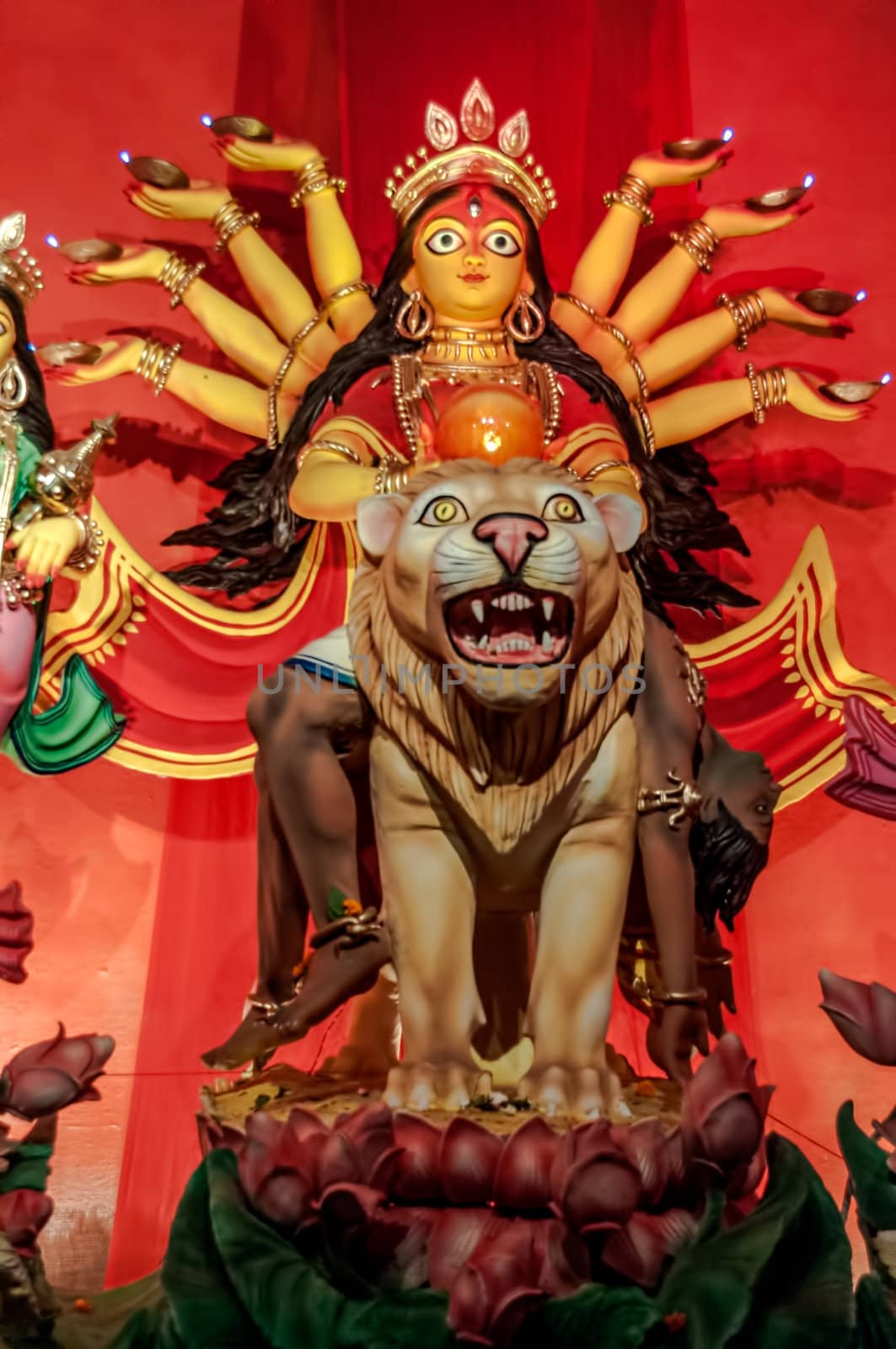 Durga Idol on lion, traditional, worship, Hindu, Hinduism, Bengal culture, extravagant, earthen, colorful, travel