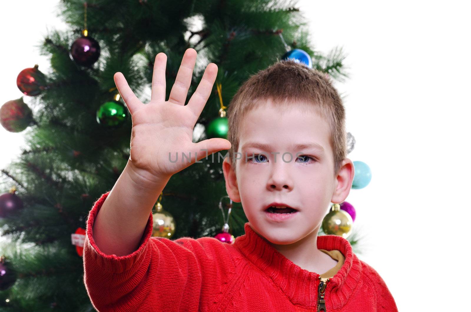 Young boy showing five fingers in front of christmas tree, looking at camera, horizontal shot